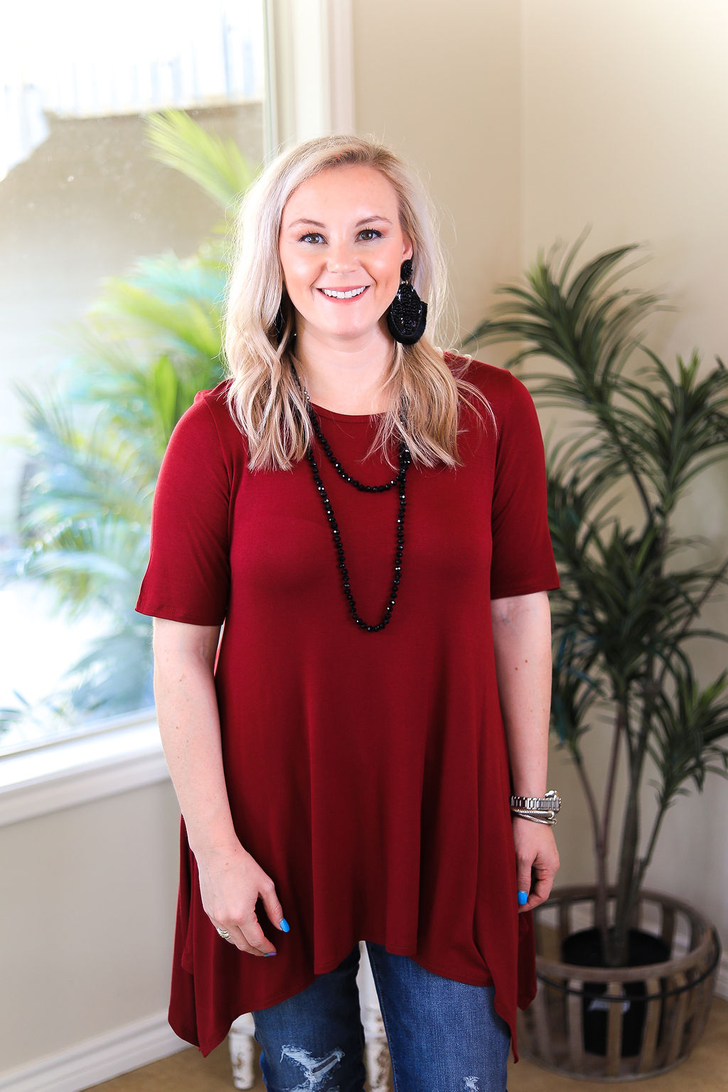 Whenever This Happens Solid Handkerchief Tunic Top in Maroon - Giddy Up Glamour Boutique