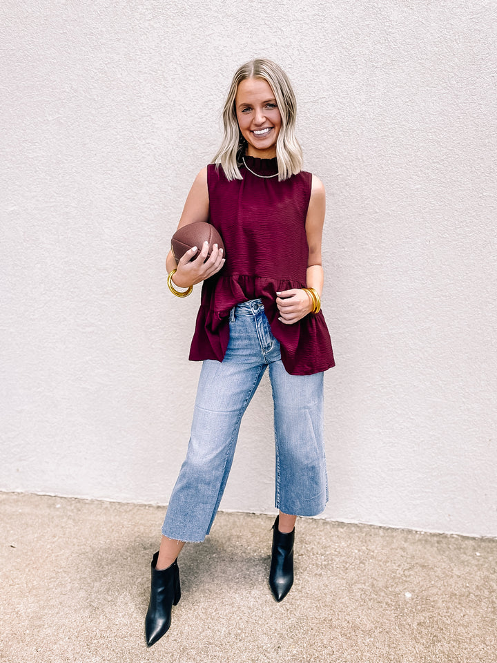 Days In the Sun High Neck Tiered Tank Top in Maroon - Giddy Up Glamour Boutique