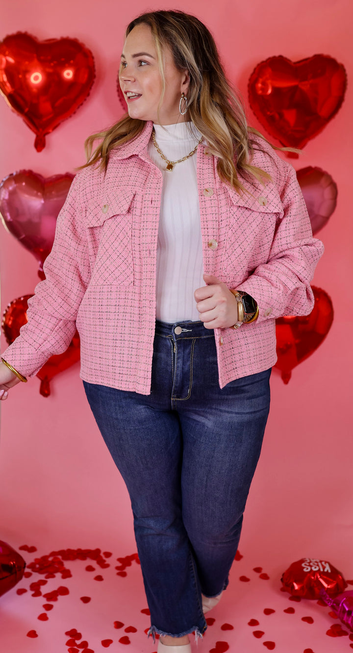 Rodeo Drive Button Up Tweed Jacket in Pink - Giddy Up Glamour Boutique