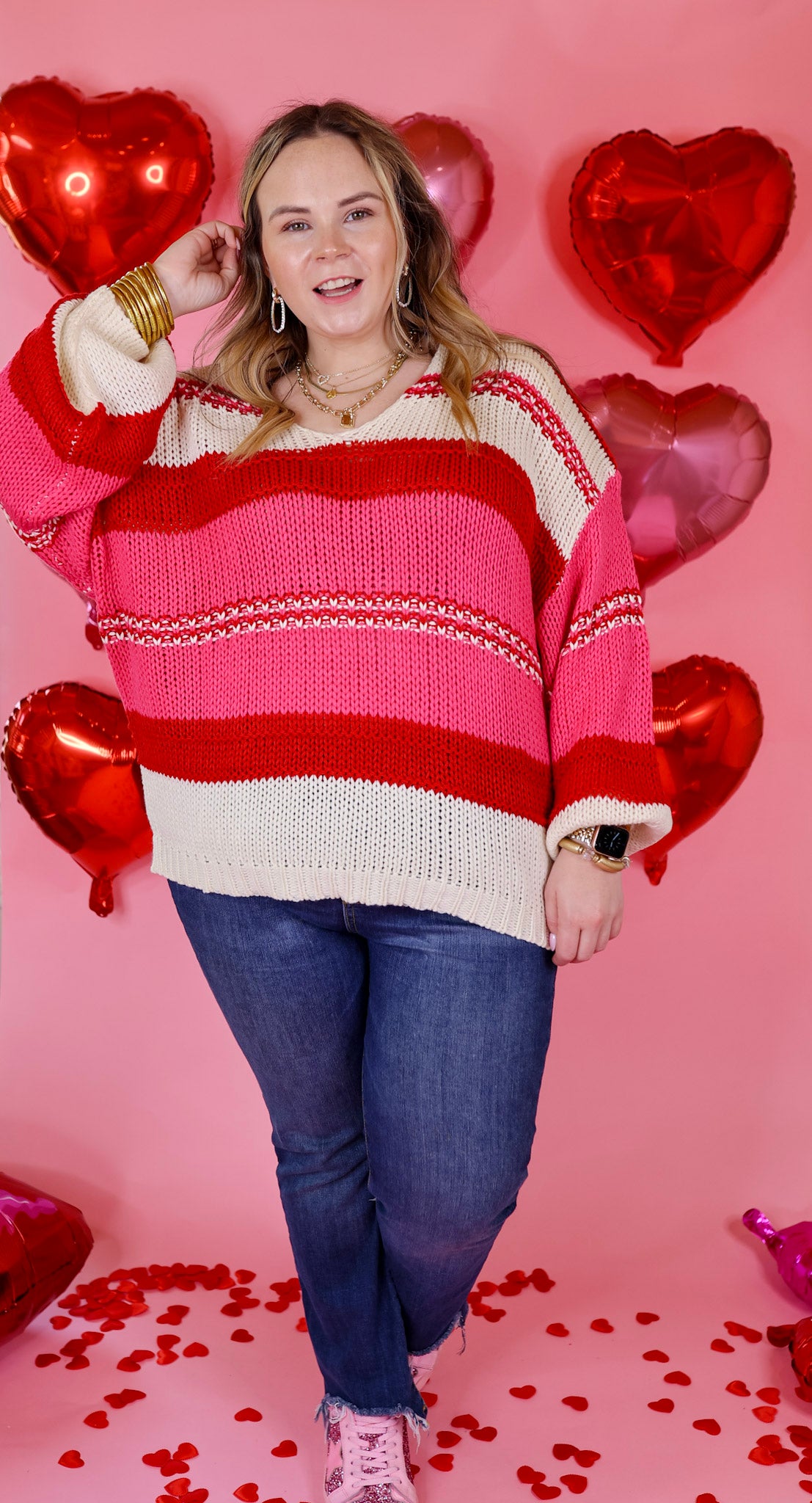 Cozy On Up Long Sleeve Striped Sweater in Red Mix - Giddy Up Glamour Boutique