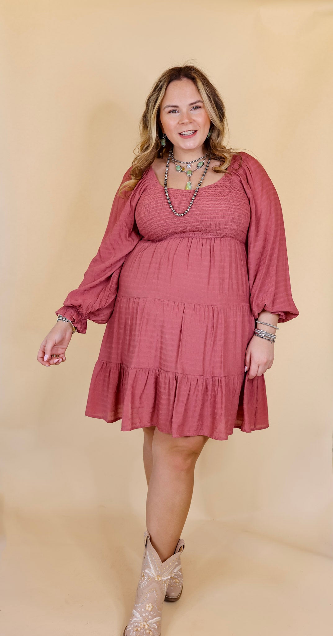 Day Cafe Smocked Bodice Long Sleeve Tiered Dress in Mauve - Giddy Up Glamour Boutique
