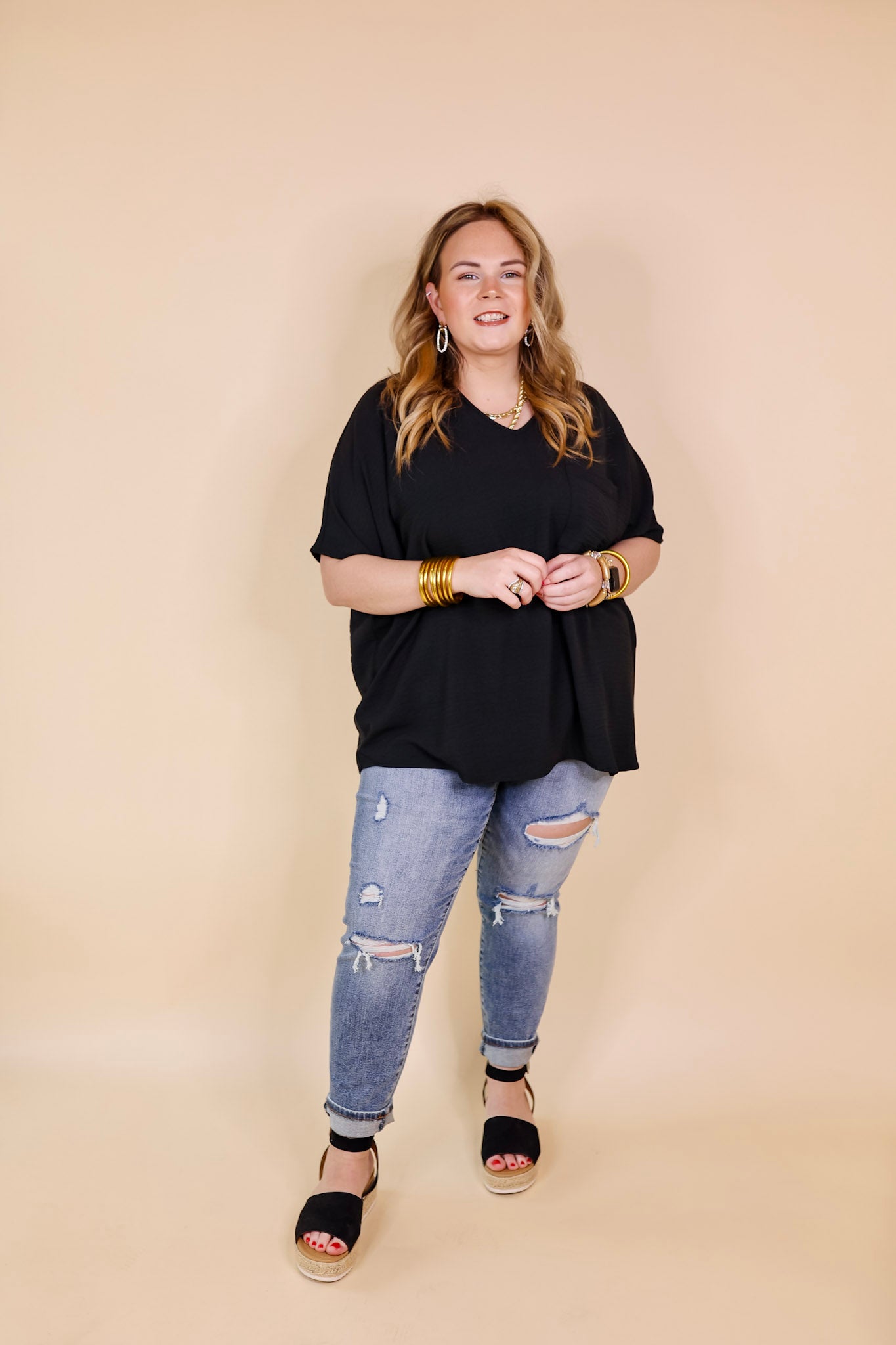 Try To Resist Short Sleeve V Neck Top with Front Pocket in Black - Giddy Up Glamour Boutique