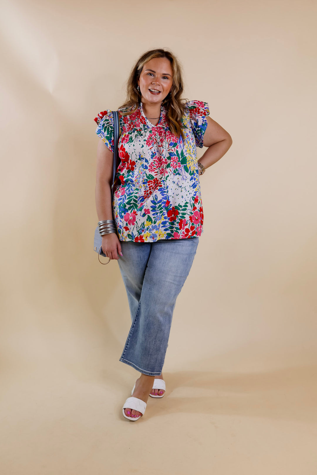 Lovely Line Up Floral Print with Ruffle Cap Sleeves in Ivory Mix - Giddy Up Glamour Boutique