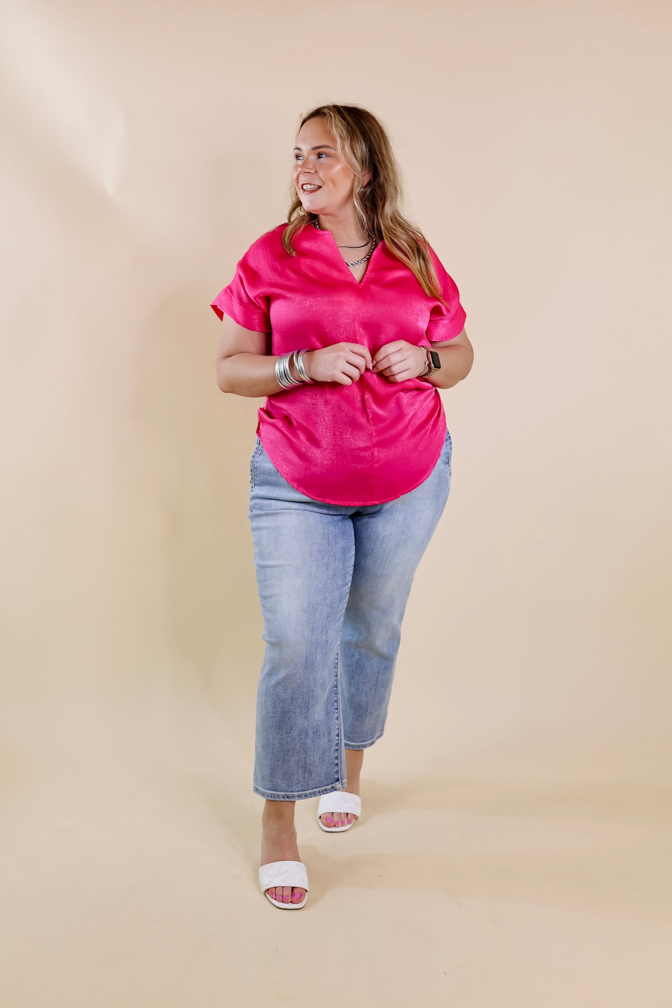 Channeling Confidence Notch Neck Short Sleeve Top in Hot Pink - Giddy Up Glamour Boutique