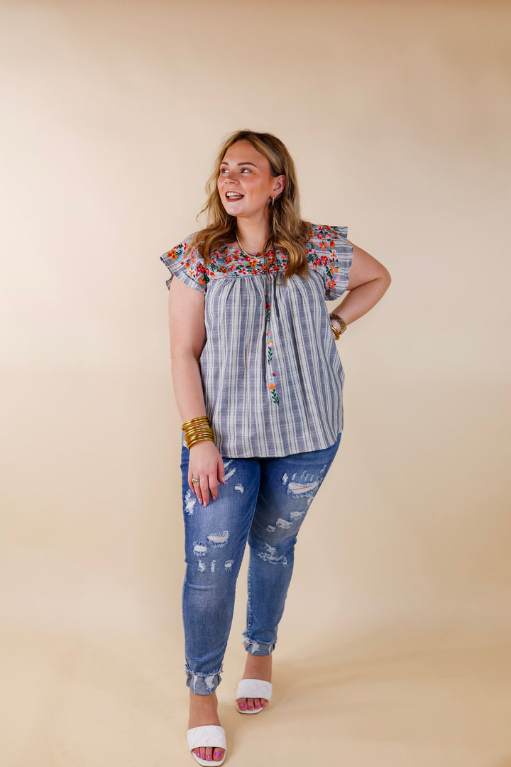 Sweet Success Floral Embroidered Striped Top with Ruffle Cap Sleeves in Dusty Blue - Giddy Up Glamour Boutique