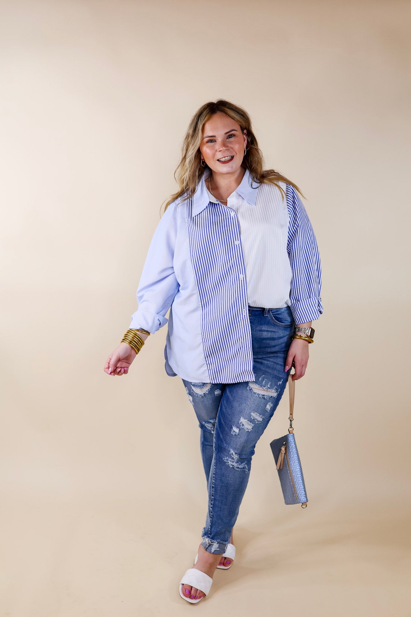 Back To You Pin Stripe Color Block Button Up Top in Blue and White - Giddy Up Glamour Boutique