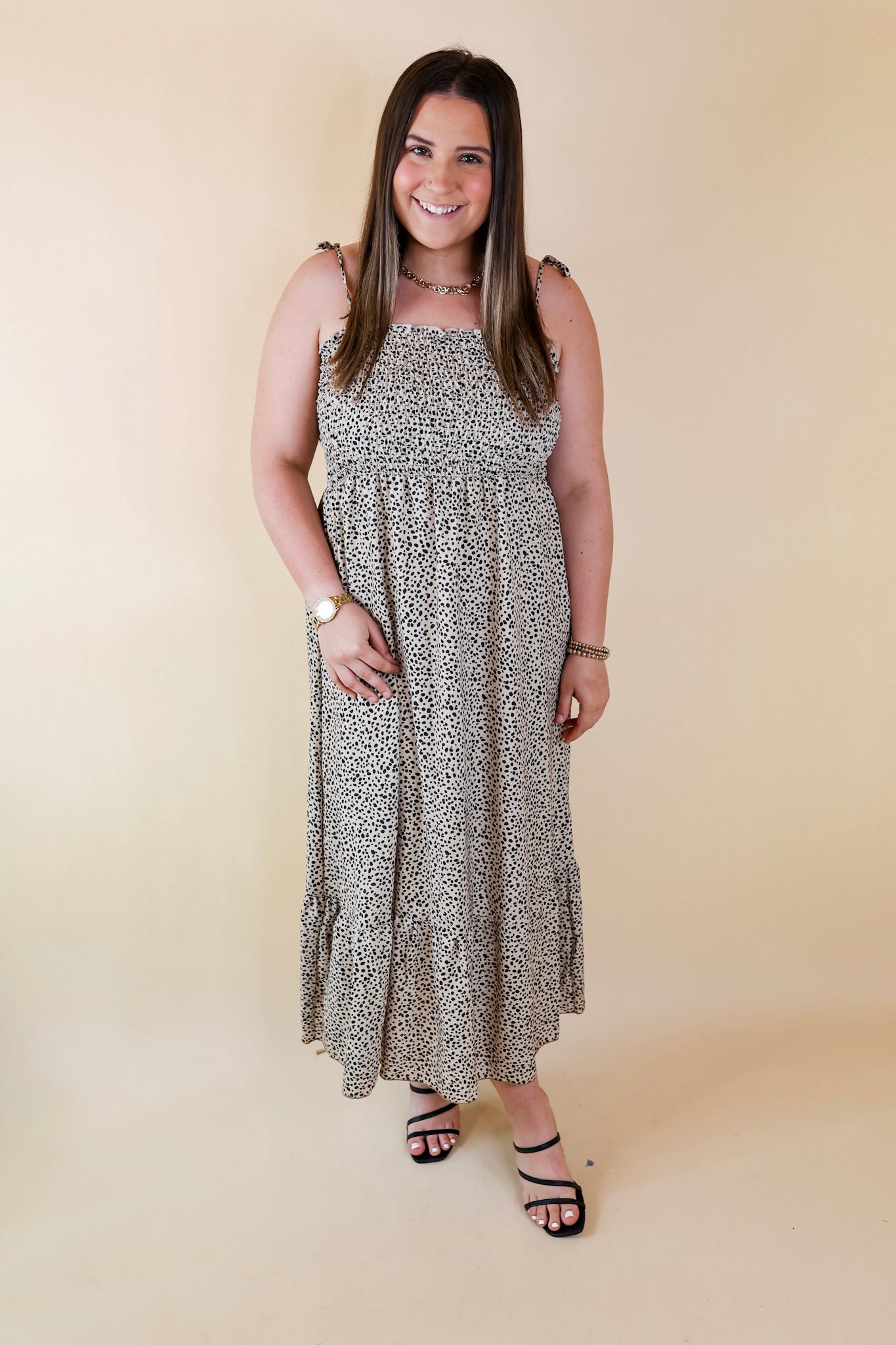 Wild Thoughts Dotted Print Maxi Dress with Spaghetti Straps in Taupe - Giddy Up Glamour Boutique