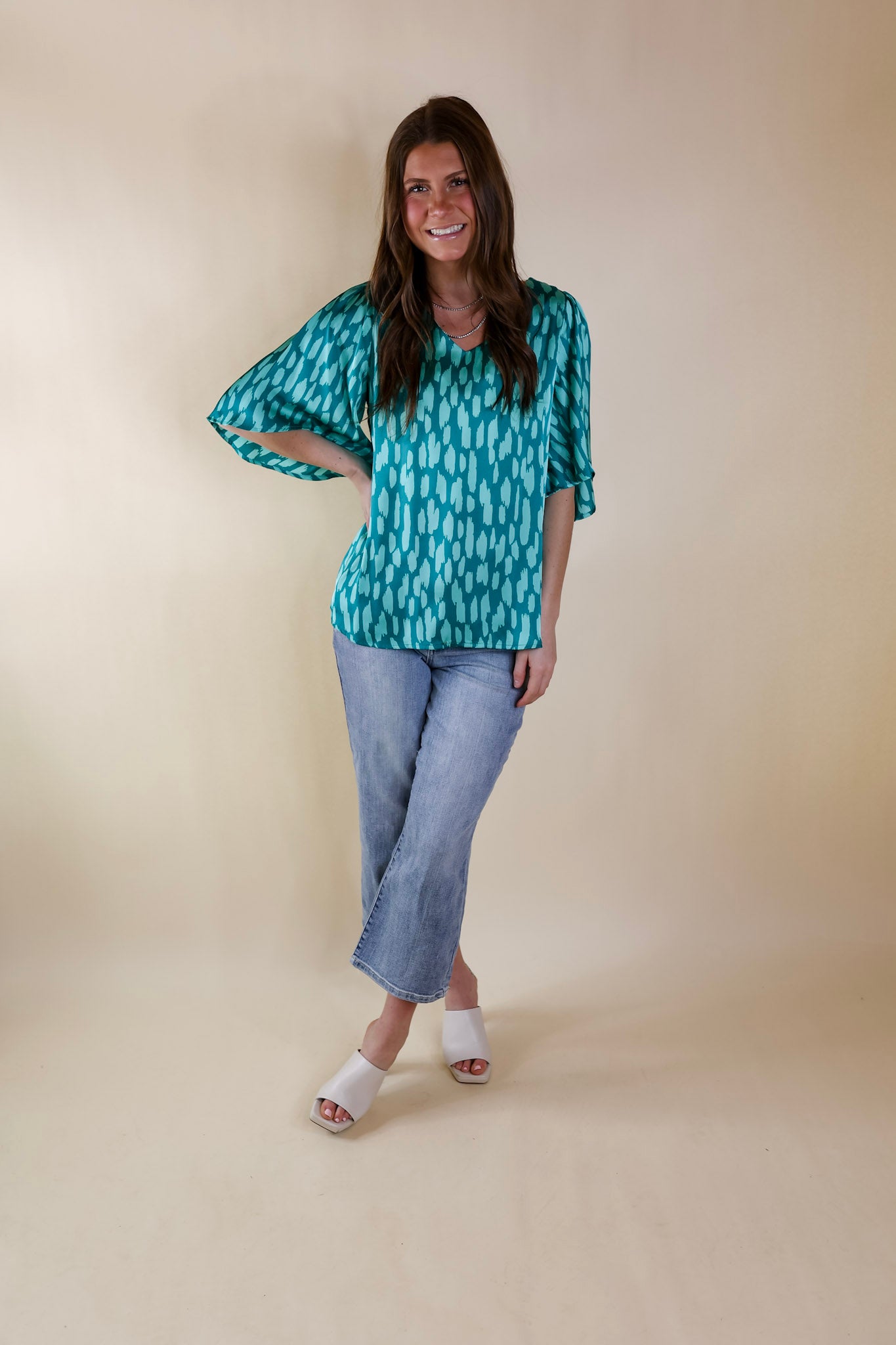 Giving You More Satin Dotted Print V Neck Blouse in Teal Mix - Giddy Up Glamour Boutique
