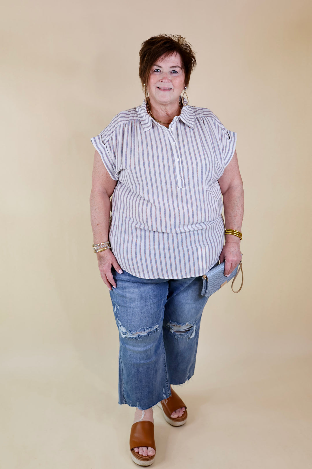 Long Time Coming Half Button Up Pin Stripe Top in Ivory - Giddy Up Glamour Boutique