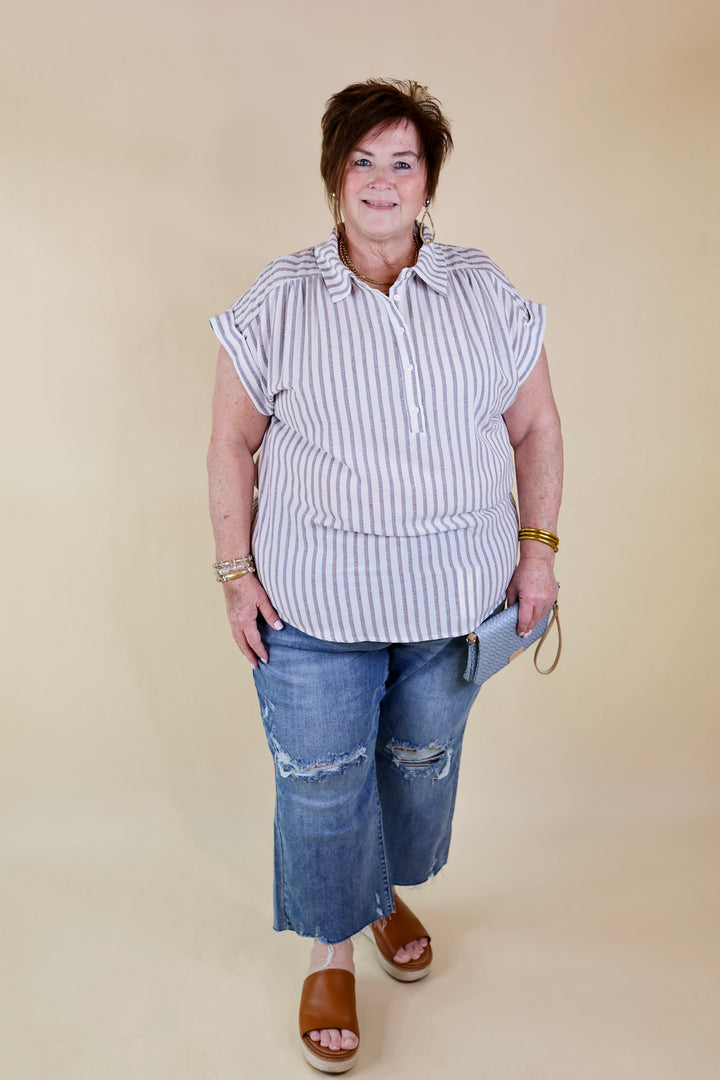 Long Time Coming Half Button Up Pin Stripe Top in Ivory - Giddy Up Glamour Boutique