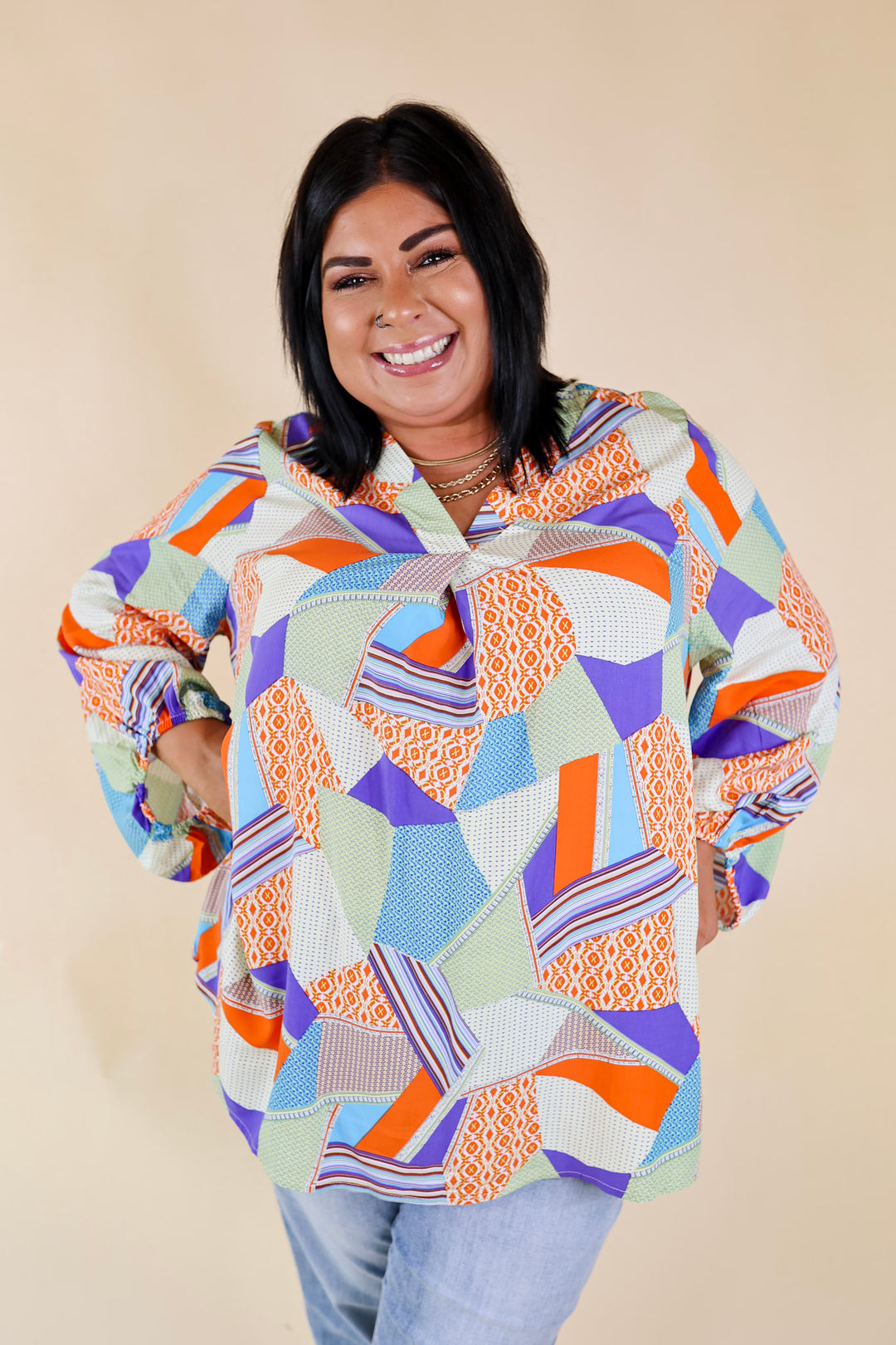 Eyes On Paradise Mix Patch Print Blouse with 3/4 Sleeves in Orange and Blue Mix - Giddy Up Glamour Boutique