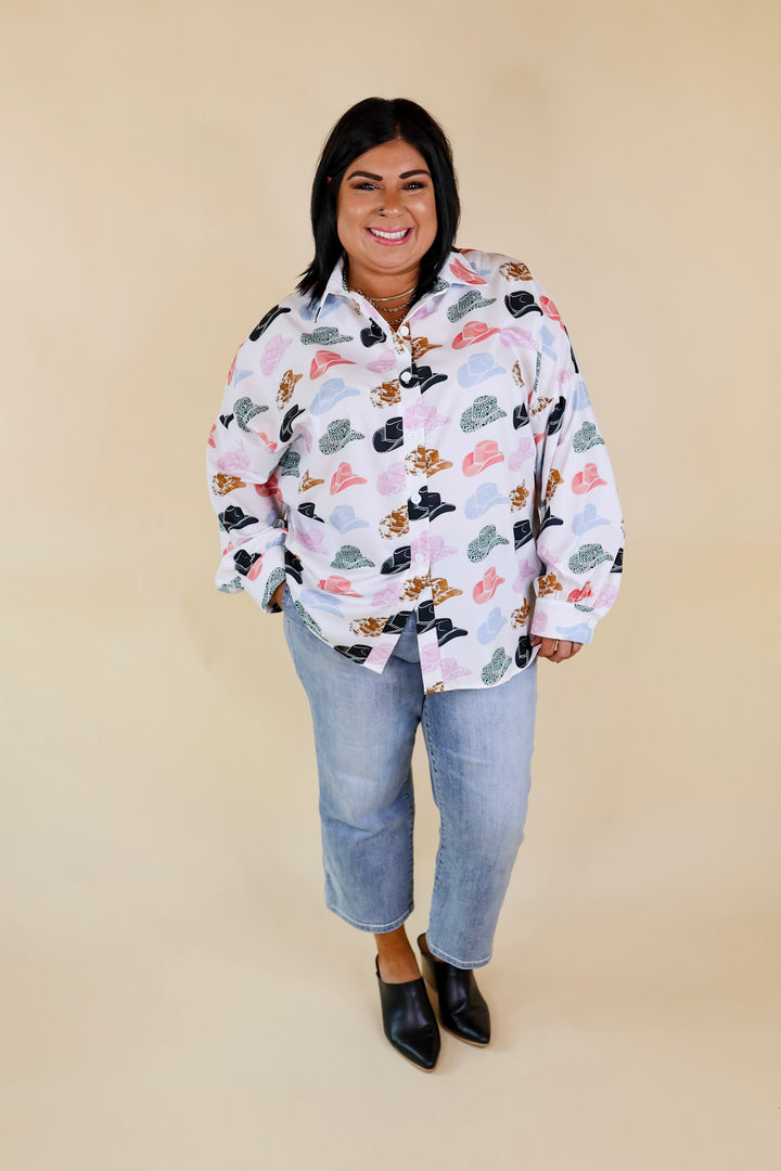 The Cowgirl Way Button Up Mix Print Cowboy Hat Top in White - Giddy Up Glamour Boutique