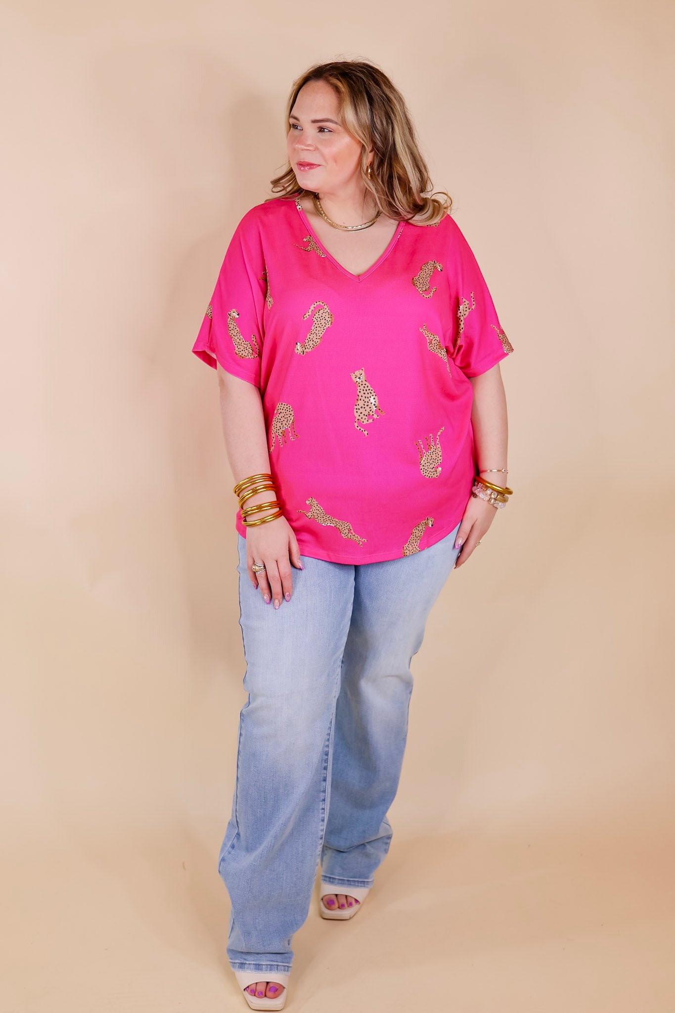 Wild Side Cheetah Print V Neck Top with Short Sleeves in Hot Pink - Giddy Up Glamour Boutique