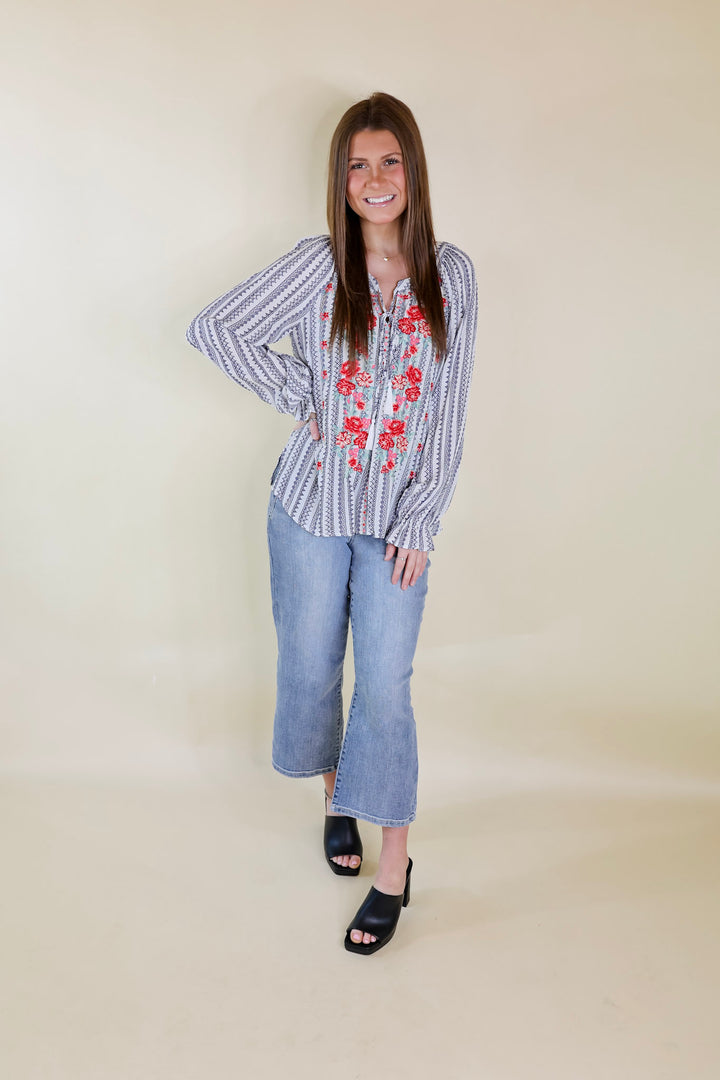 Blissful Beginnings Floral Embroidered Top with Keyhole and Tie Neck in Navy and White - Giddy Up Glamour Boutique