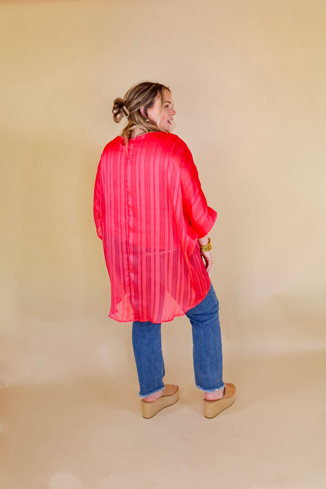 Sunset Horizon Striped Poncho Top with Metallic Detail in Coral Pink - Giddy Up Glamour Boutique