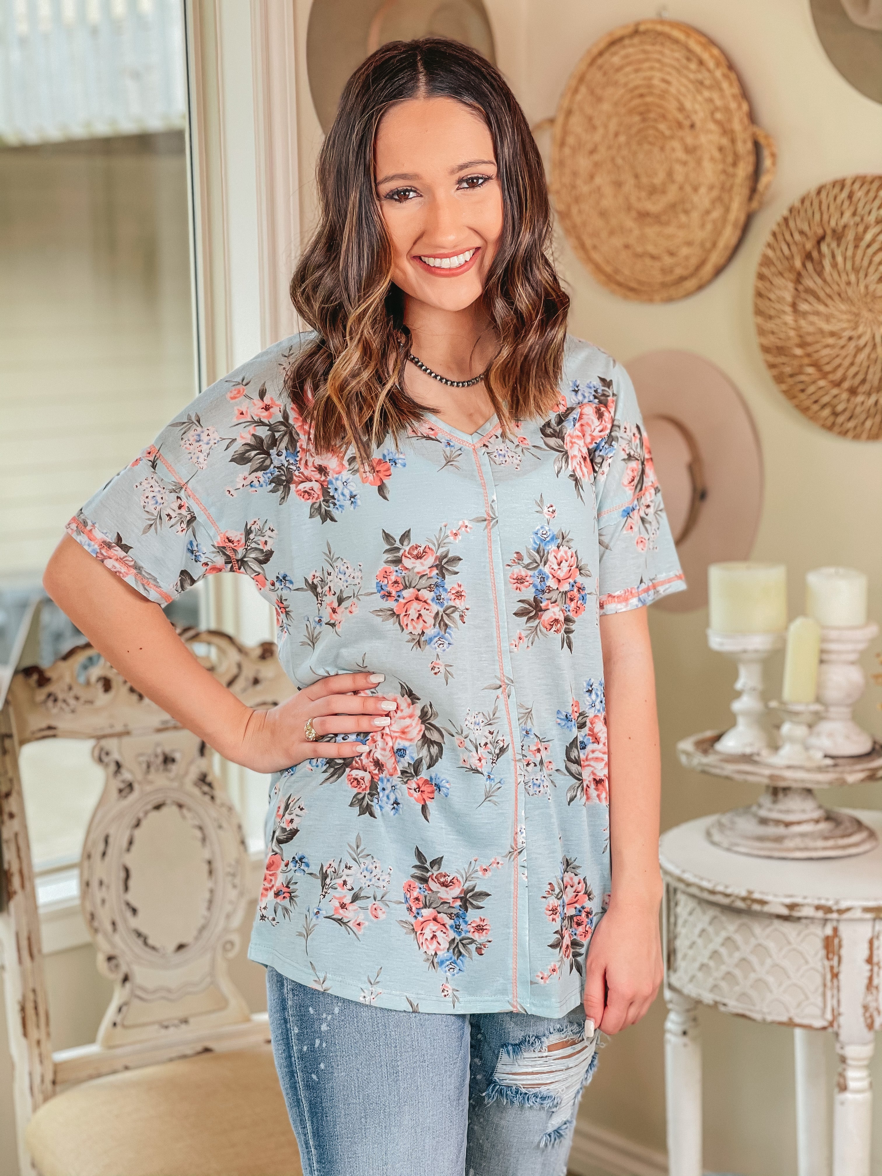 Last Chance Size Small | Casually Cool Floral Print V Neck Tee in Mint Blue - Giddy Up Glamour Boutique