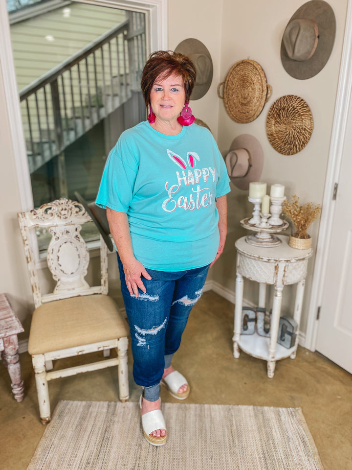 Happy Easter Bunny Ears Graphic Tee in Neon Mint - Giddy Up Glamour Boutique