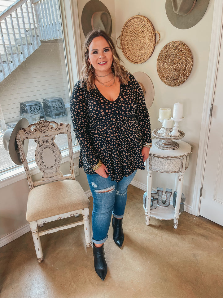 She's A Doll Long Sleeve Taupe Dotted Babydoll Top with V Neckline in Black - Giddy Up Glamour Boutique