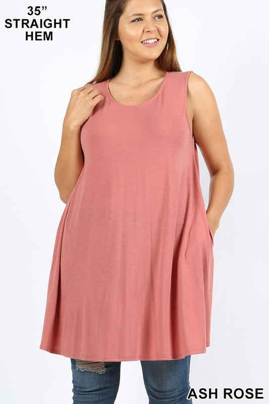 PLUS ROUND NECK SLEEVELESS STRAIGHT HEM TUNIC WITH SIDE POCKETS IN ASH ROSE - Giddy Up Glamour Boutique