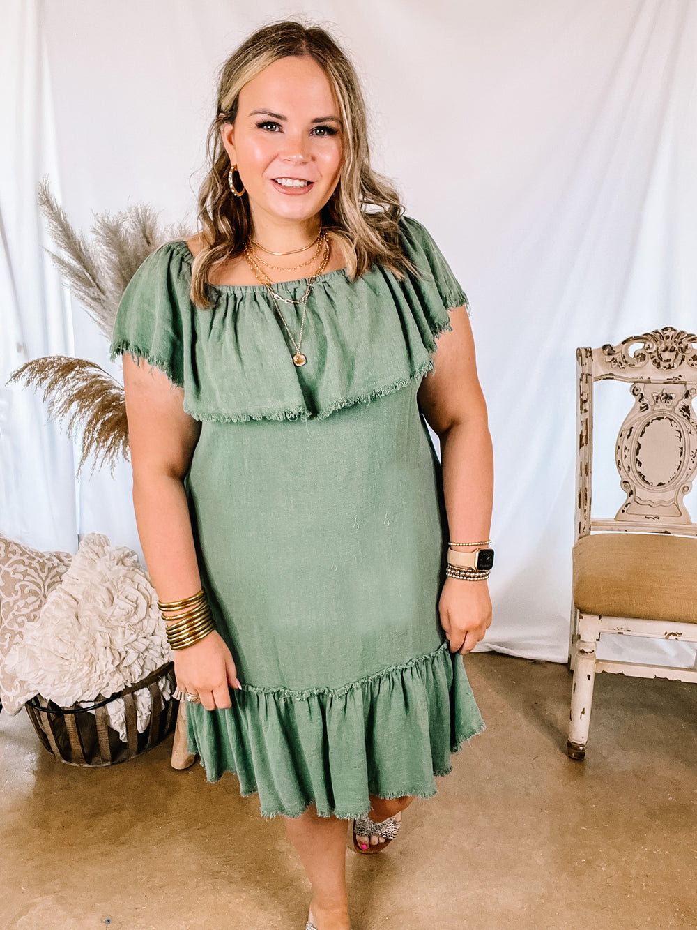 Finding Yourself  Frayed Hem Off the Shoulder Dress in Light Olive Green - Giddy Up Glamour Boutique