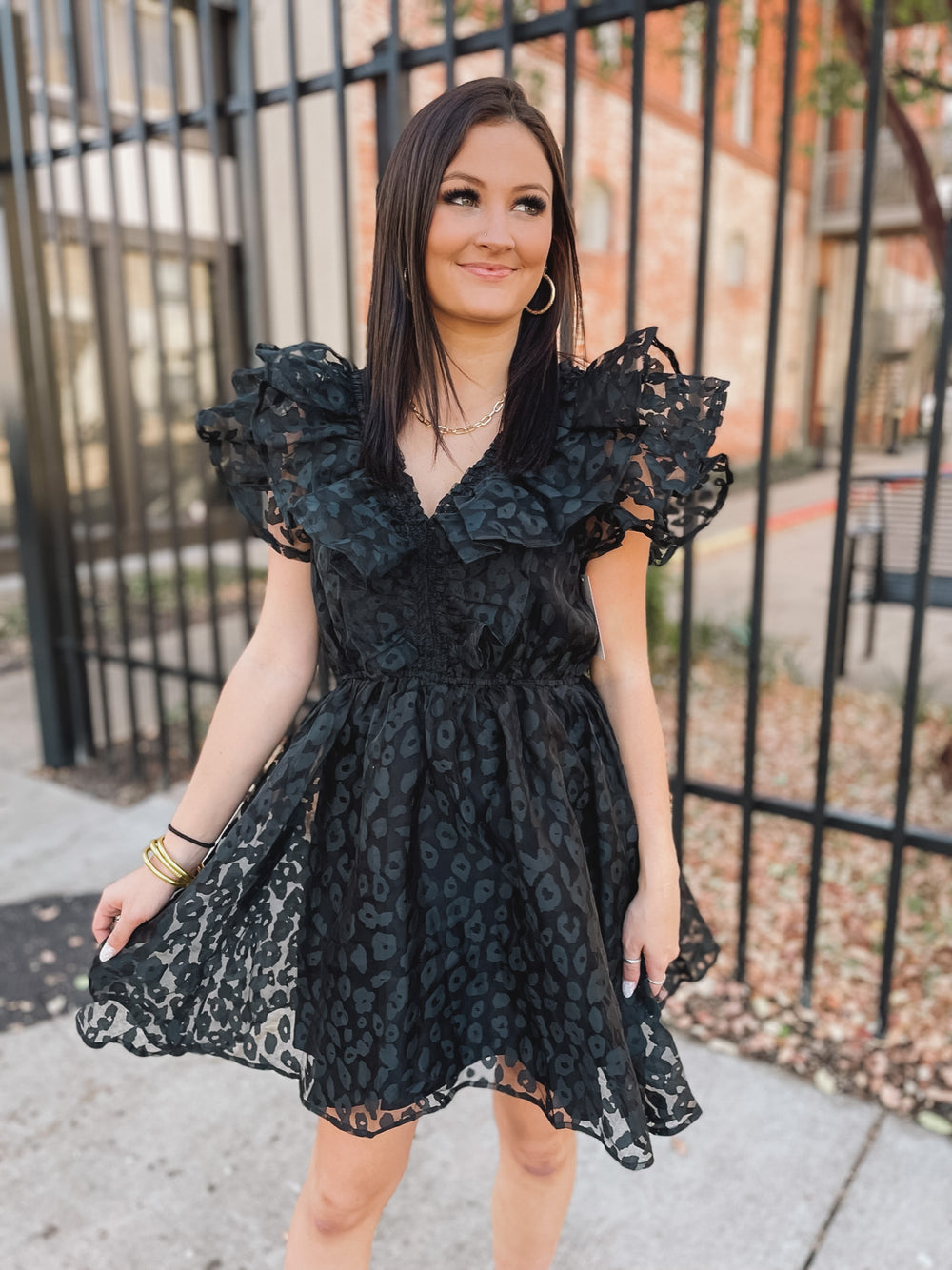 Welcome To Hollywood Sheer Leopard Print Dress with Ruffle Detail in Black - Giddy Up Glamour Boutique