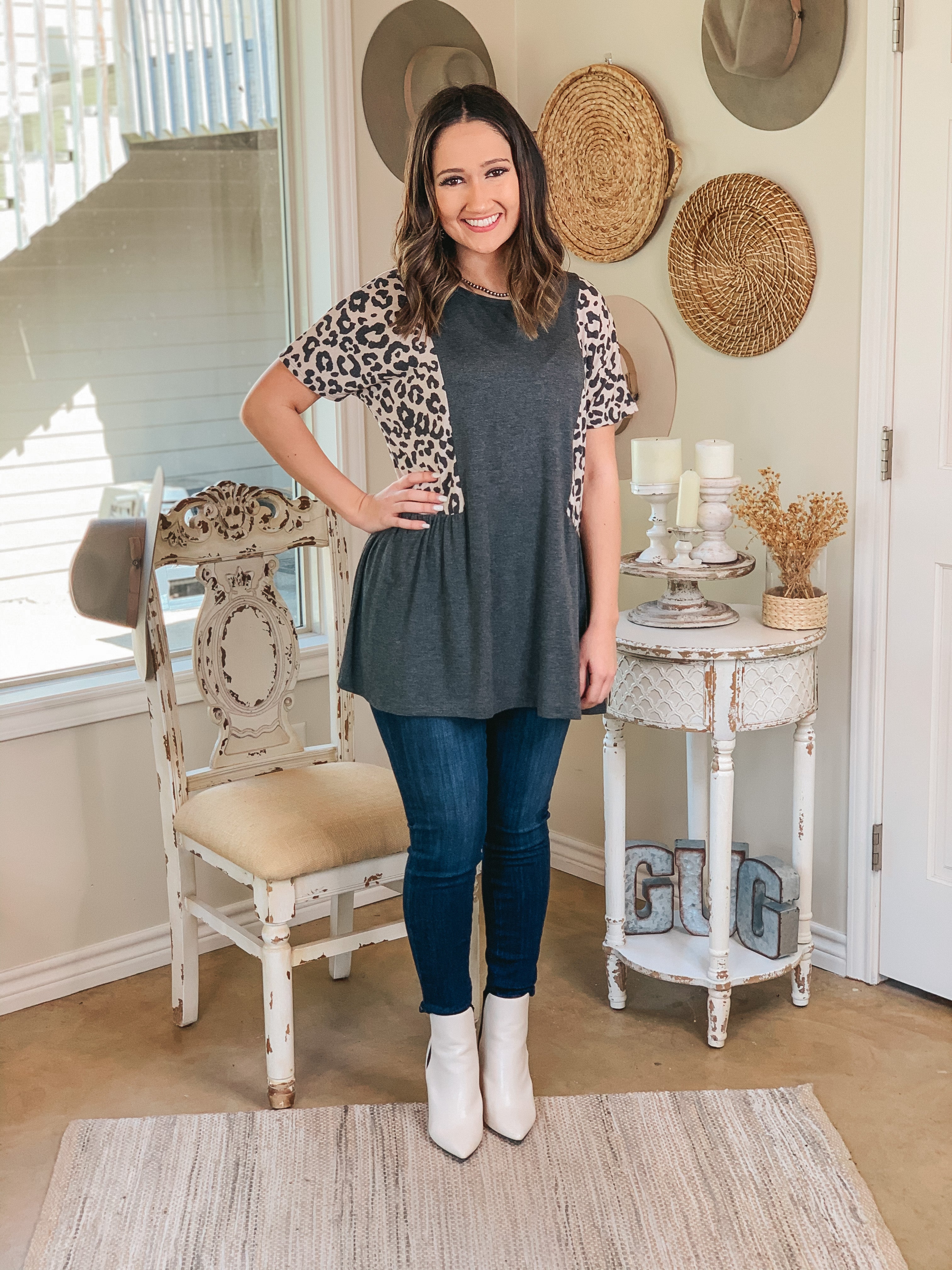 Flirtatious Heart Leopard Side Babydoll top in Grey - Giddy Up Glamour Boutique