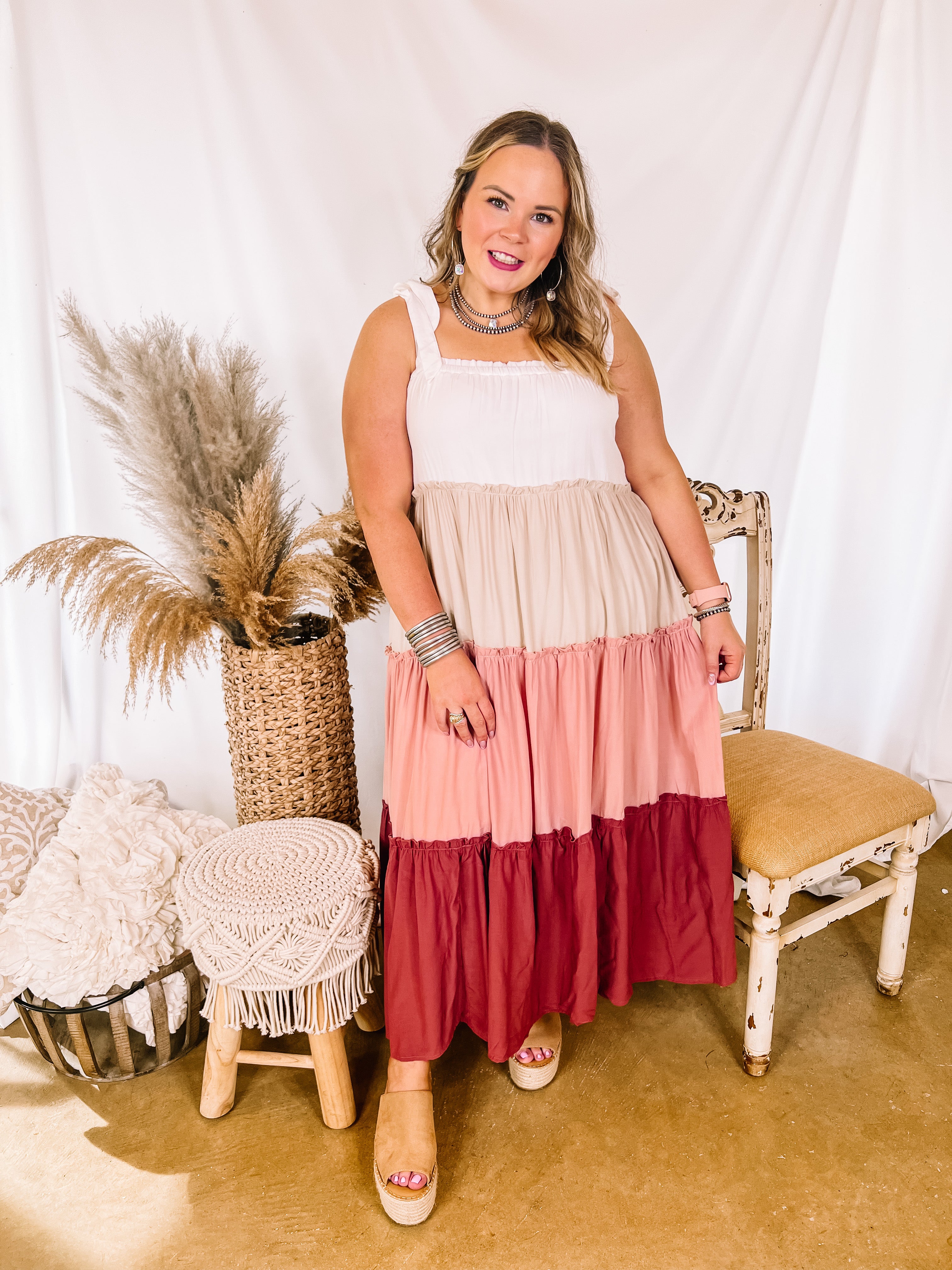 Weekend in Capri Tiered Maxi Dress with Adjustable Tie Straps in Mauve Mix