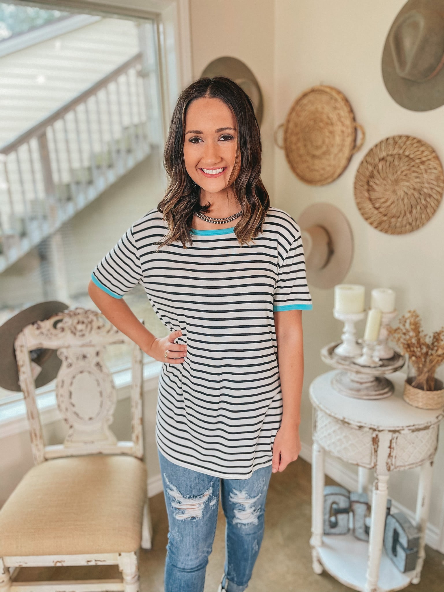 Last Chance Size S, M, & 2XL | Sunday Drive Black and Ivory Striped Short Sleeve Top with Mint Trim - Giddy Up Glamour Boutique