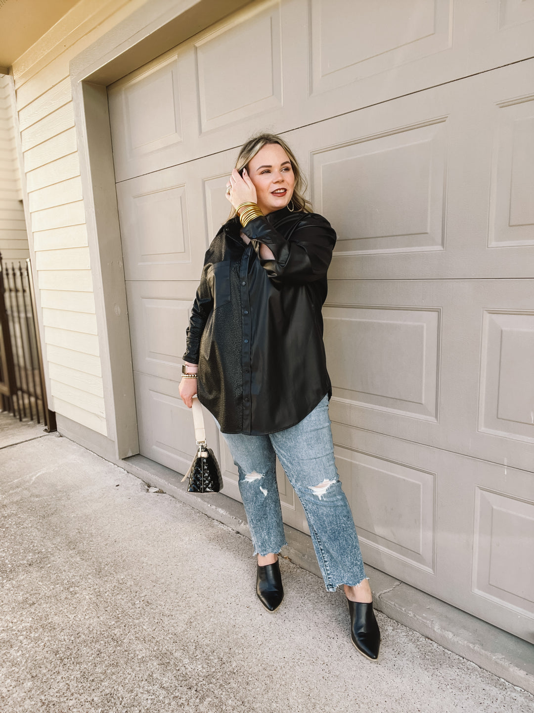 Talk Sweetly Faux Leather Print Block Shacket in Black - Giddy Up Glamour Boutique