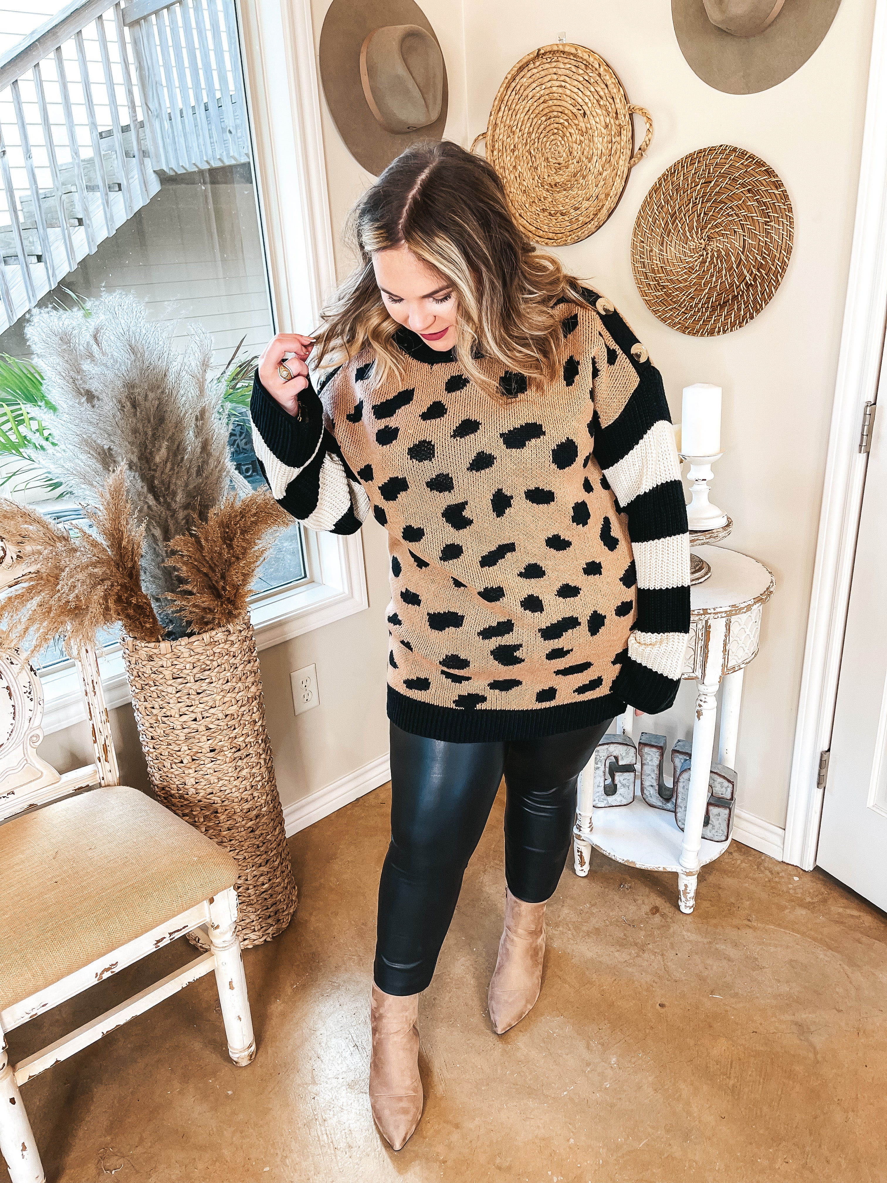 Spotted in Aspen Dotted Sweater with Striped Sleeves and Buttons in Mocha and Ivory - Giddy Up Glamour Boutique