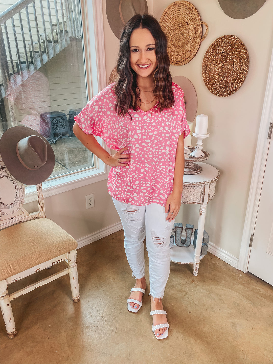 Secret Crushes Dotted V Neck Top in Pink - Giddy Up Glamour Boutique