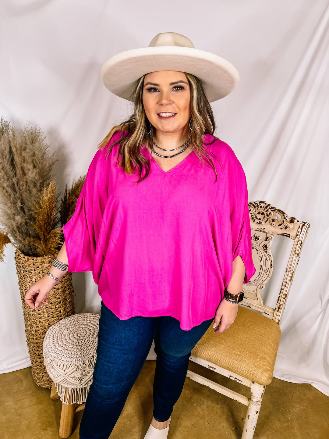 No Rules V Neck Poncho Top in Fuchsia Pink - Giddy Up Glamour Boutique