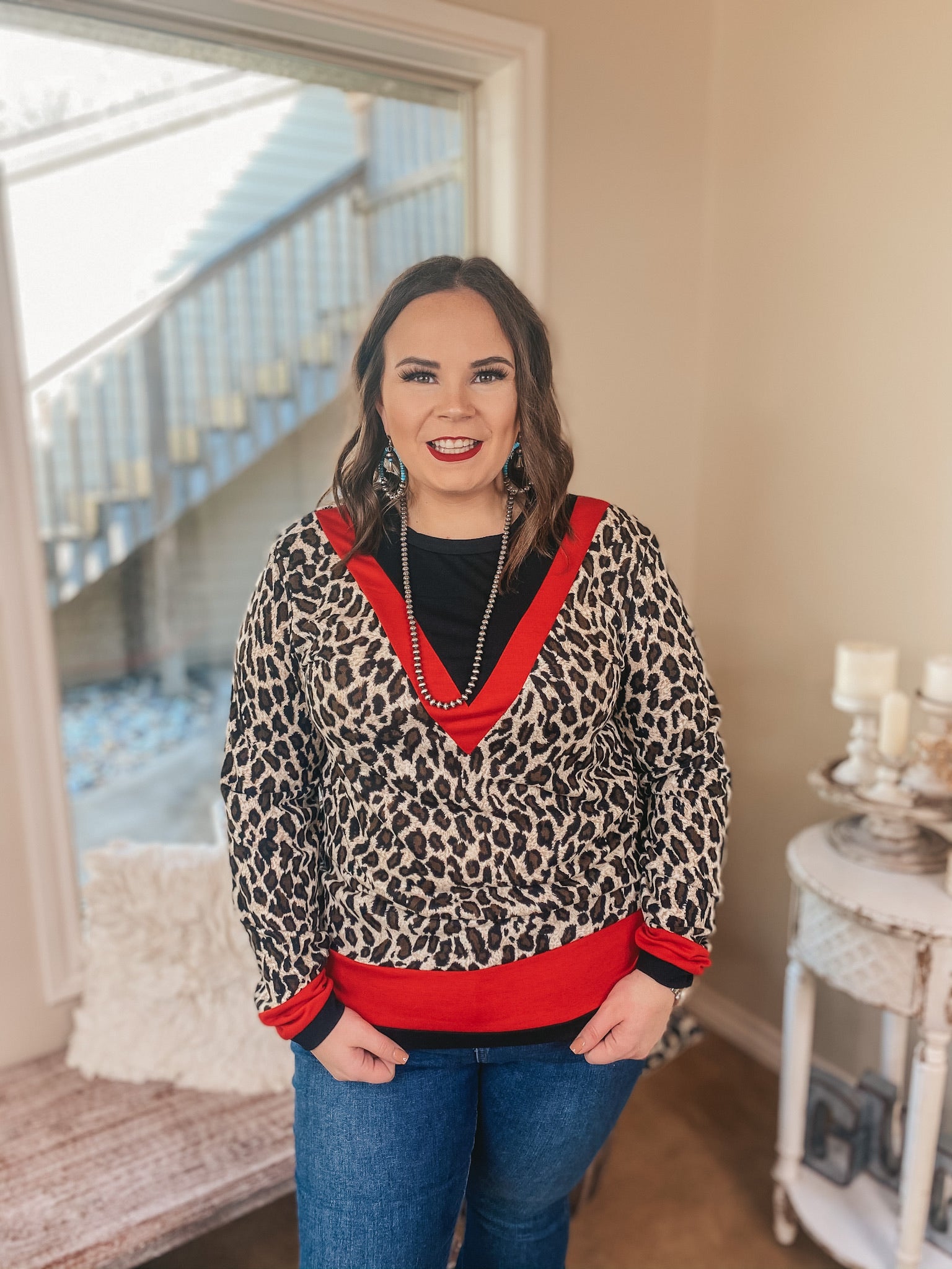 A Wild Mindset Leopard and Black Color Block Top with Red Trim - Giddy Up Glamour Boutique