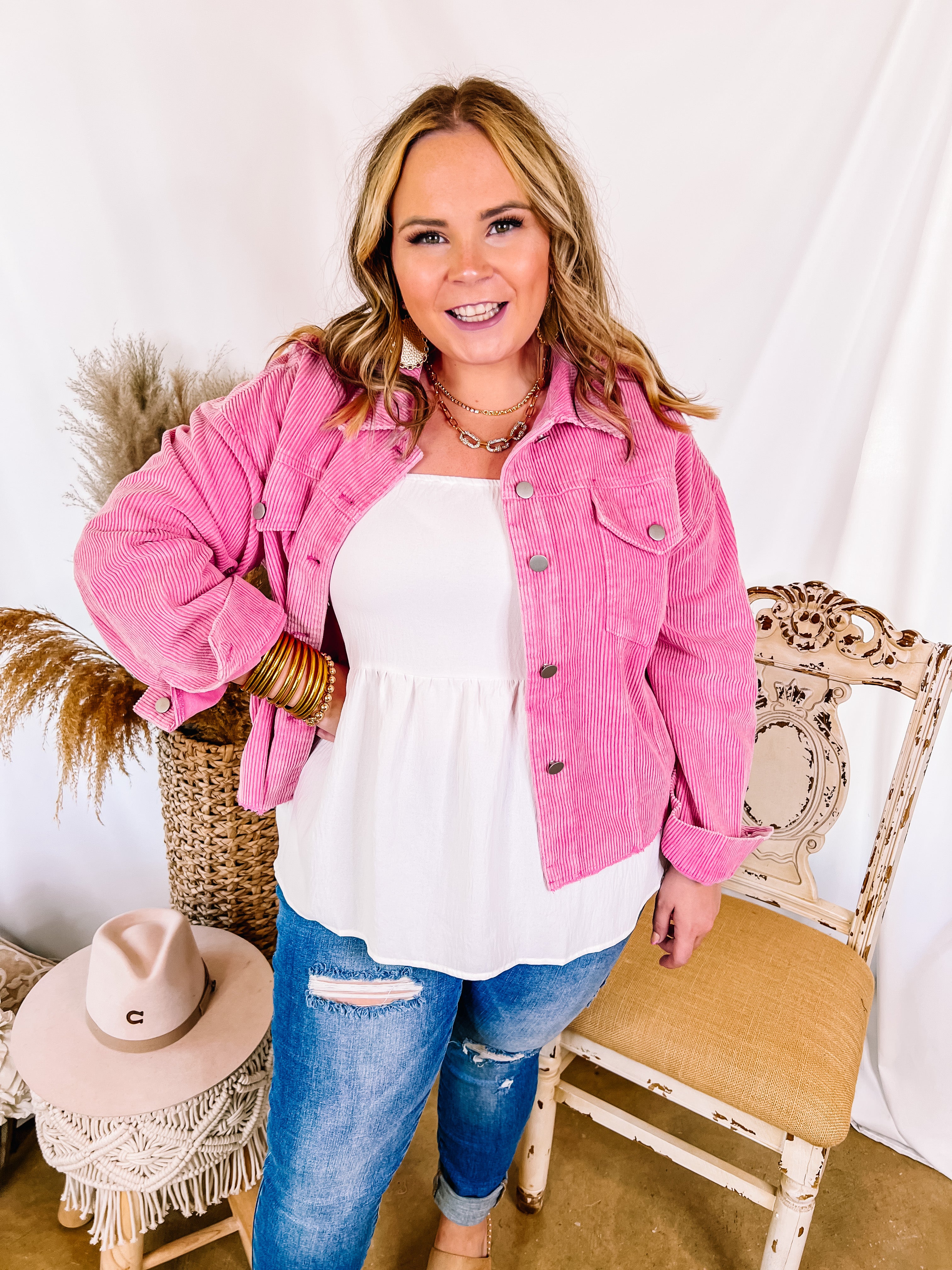 Edgy and Chic Button Up Corduroy Jacket with Raw Hem in Hot Pink - Giddy Up Glamour Boutique