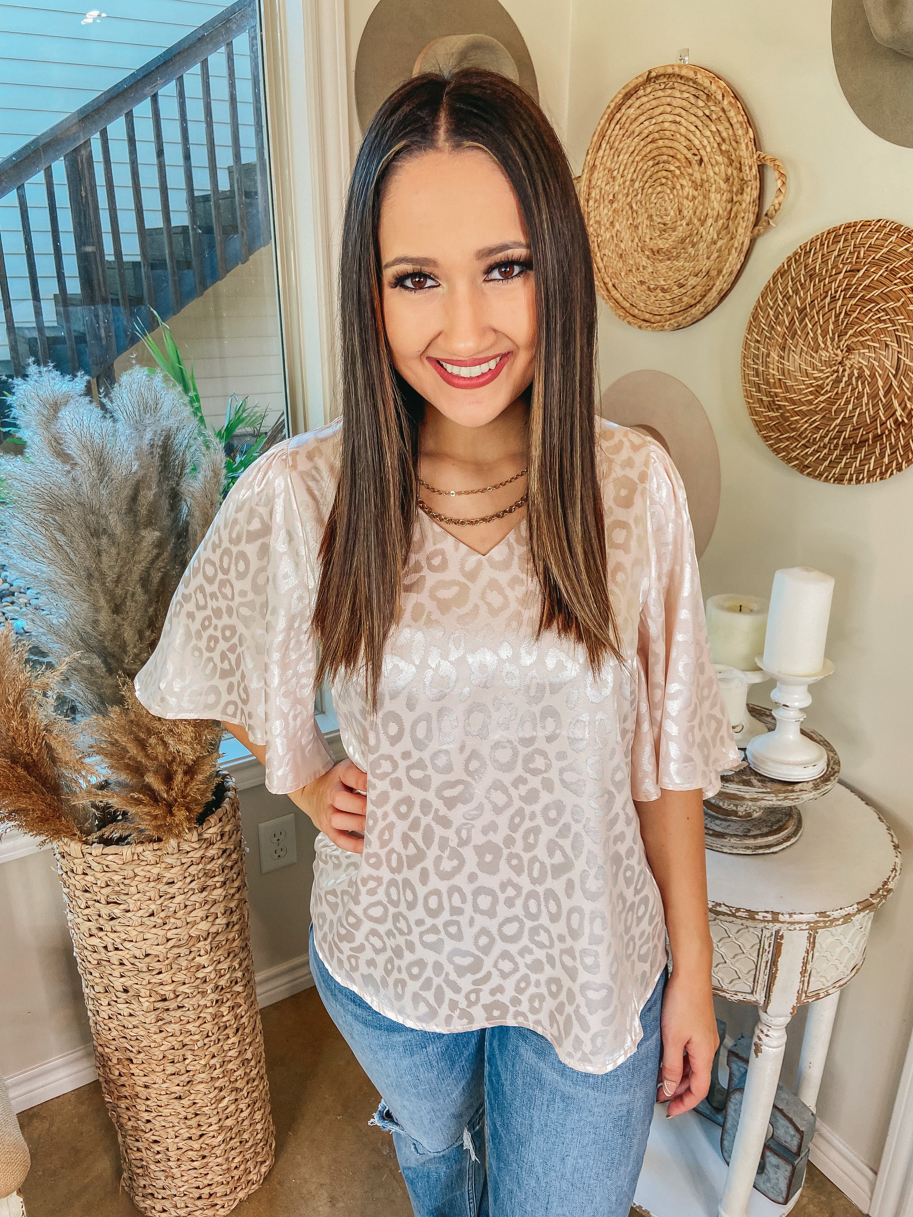 Giving You More Satin Leopard Print V Neck Blouse in Ivory - Giddy Up Glamour Boutique