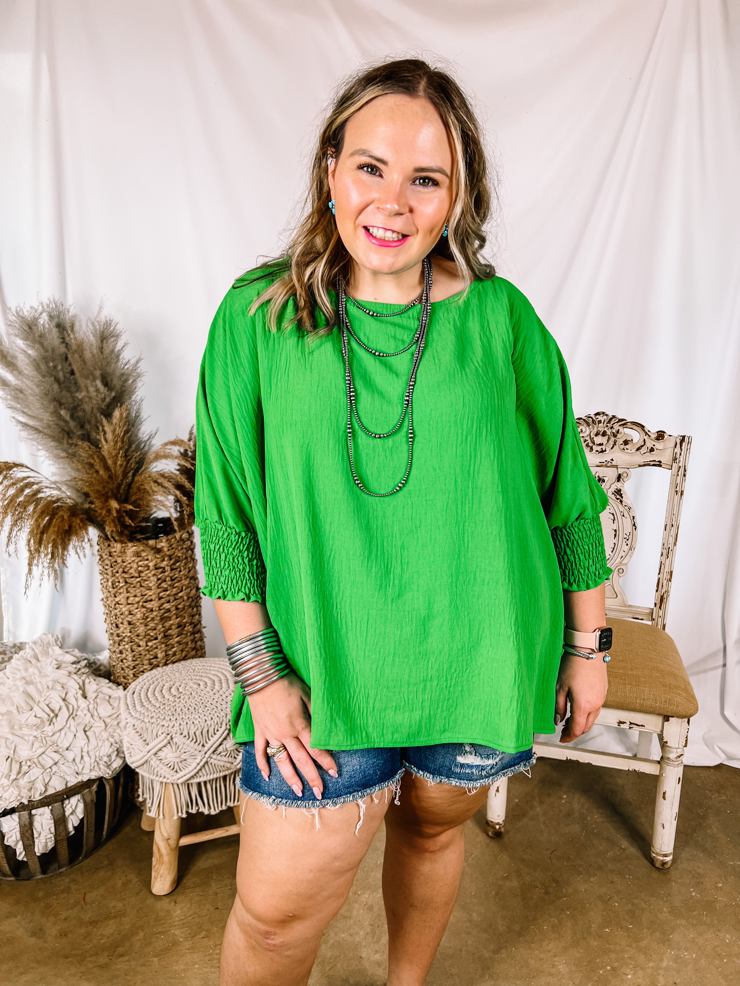Growing and Glowing Smocked 3/4 Sleeve Oversized Blouse in Green - Giddy Up Glamour Boutique