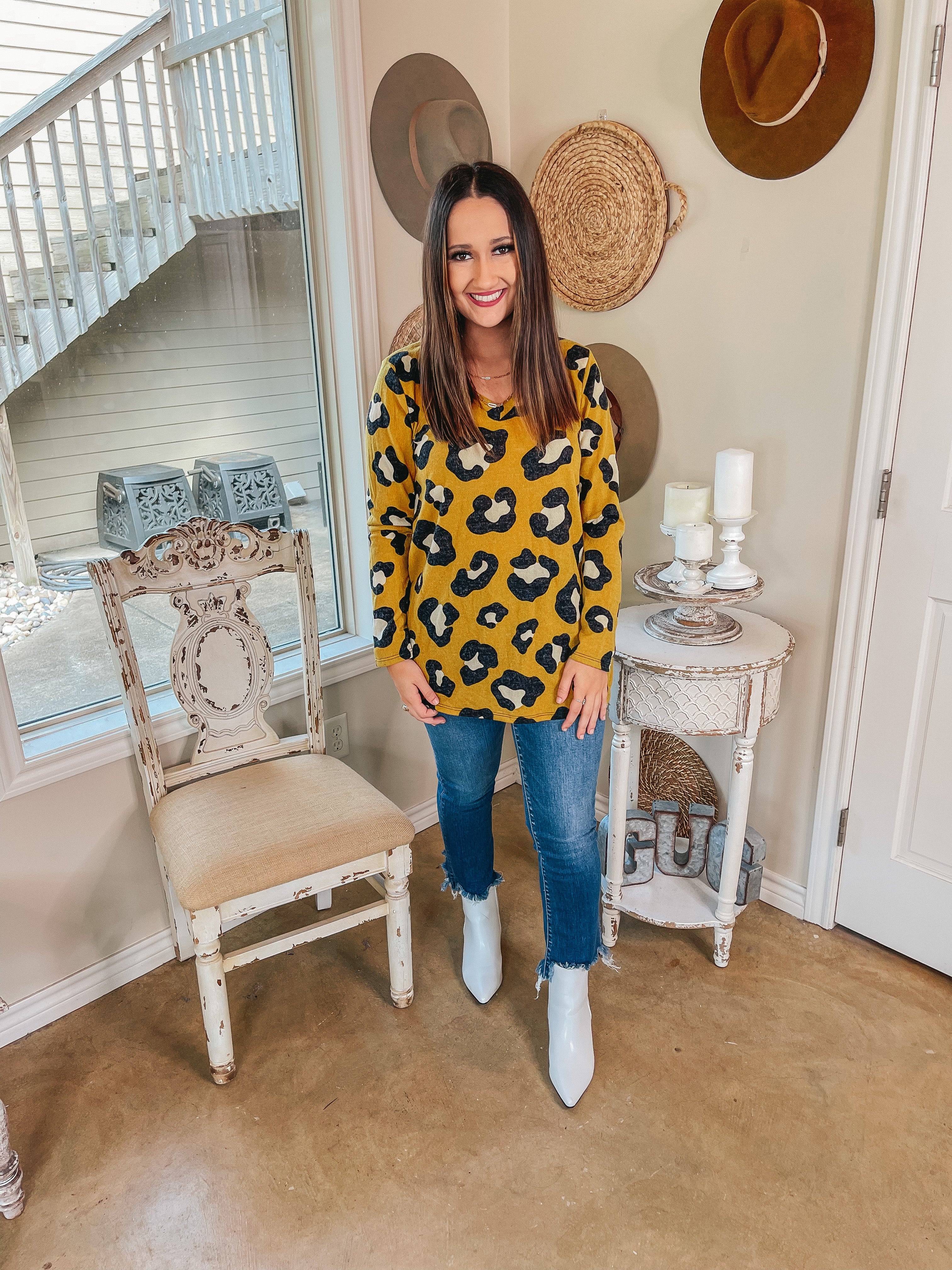 Keep Things Simple Long Sleeve Large Leopard V Neck Pullover Top in Mustard Yellow - Giddy Up Glamour Boutique