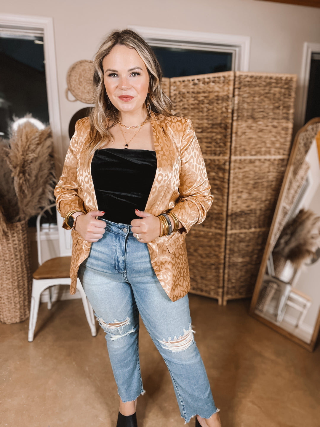 Lasting Impression Leopard Print Blazer with Ruched 3/4 Sleeves in Copper - Giddy Up Glamour Boutique