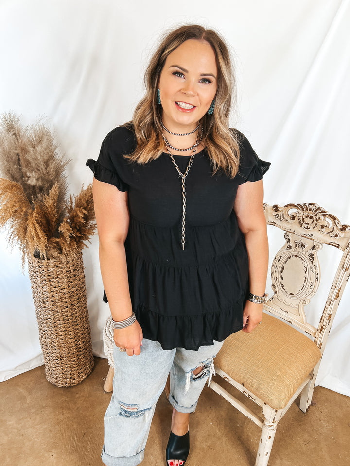 Belong To You Tiered Top with Ruffle Cap Sleeves in Black - Giddy Up Glamour Boutique