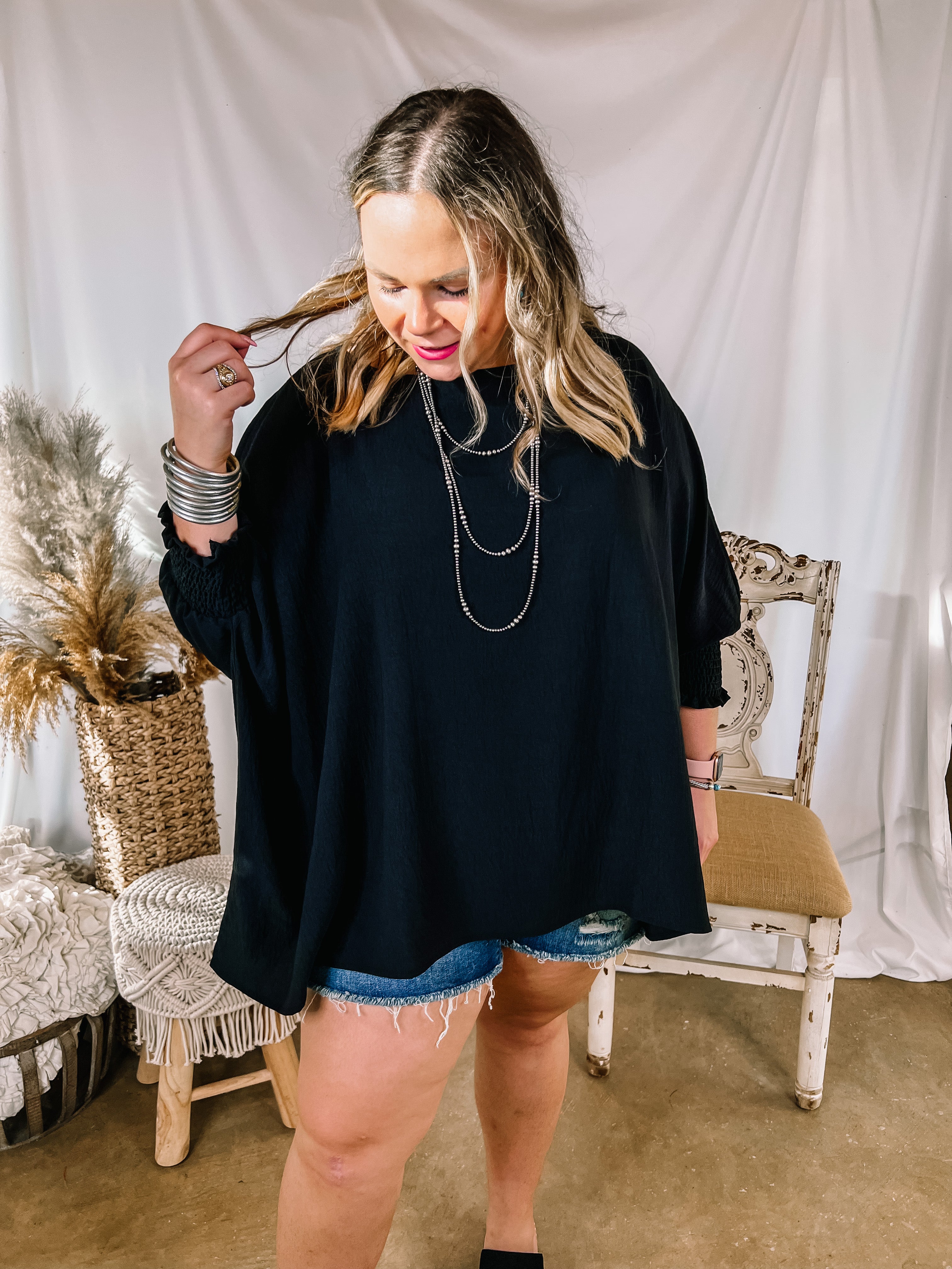 Growing and Glowing Smocked 3/4 Sleeve Oversized Blouse in Black - Giddy Up Glamour Boutique