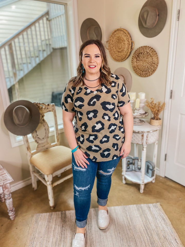 Keep Things Simple Large Leopard V Neck Tee Shirt in Taupe - Giddy Up Glamour Boutique