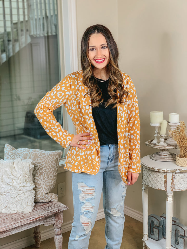 Out Of Office Leopard Print Open Front Blazer with Long Sleeves in Mustard Yellow - Giddy Up Glamour Boutique