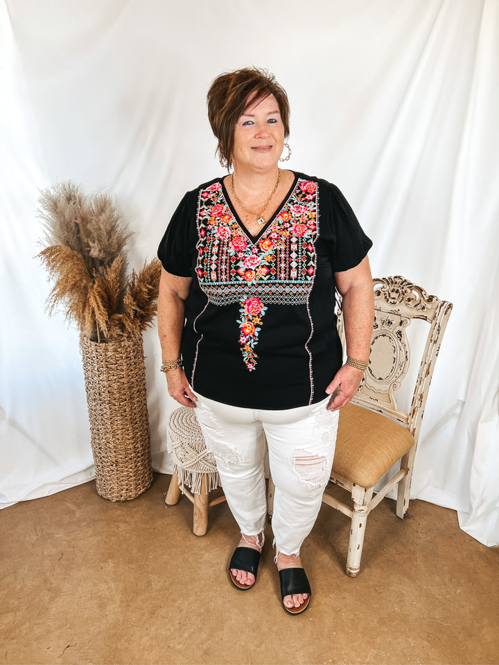 Think About Me Embroidered V Neck Top with Short Sleeves in Black - Giddy Up Glamour Boutique