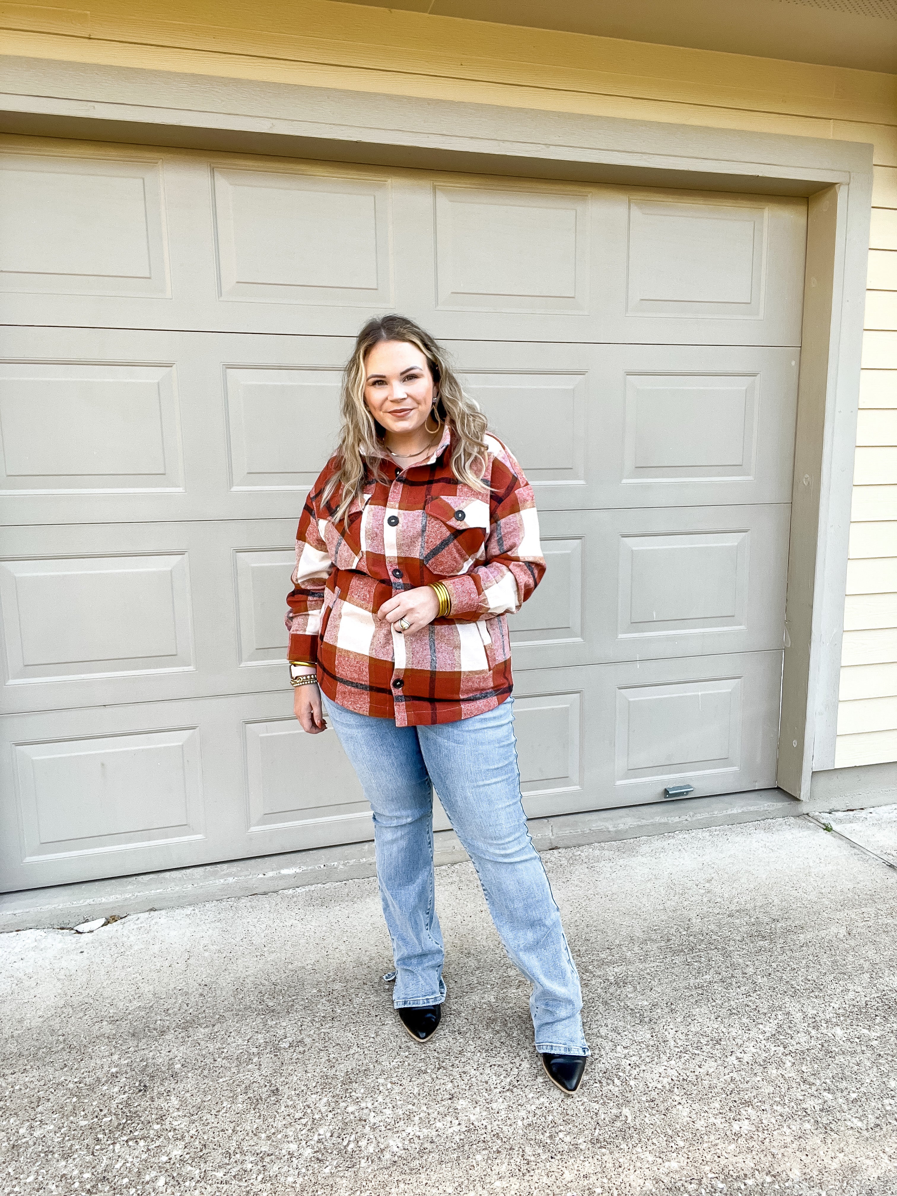 Autumn Air Plaid Button Up Shacket in Rust - Giddy Up Glamour Boutique