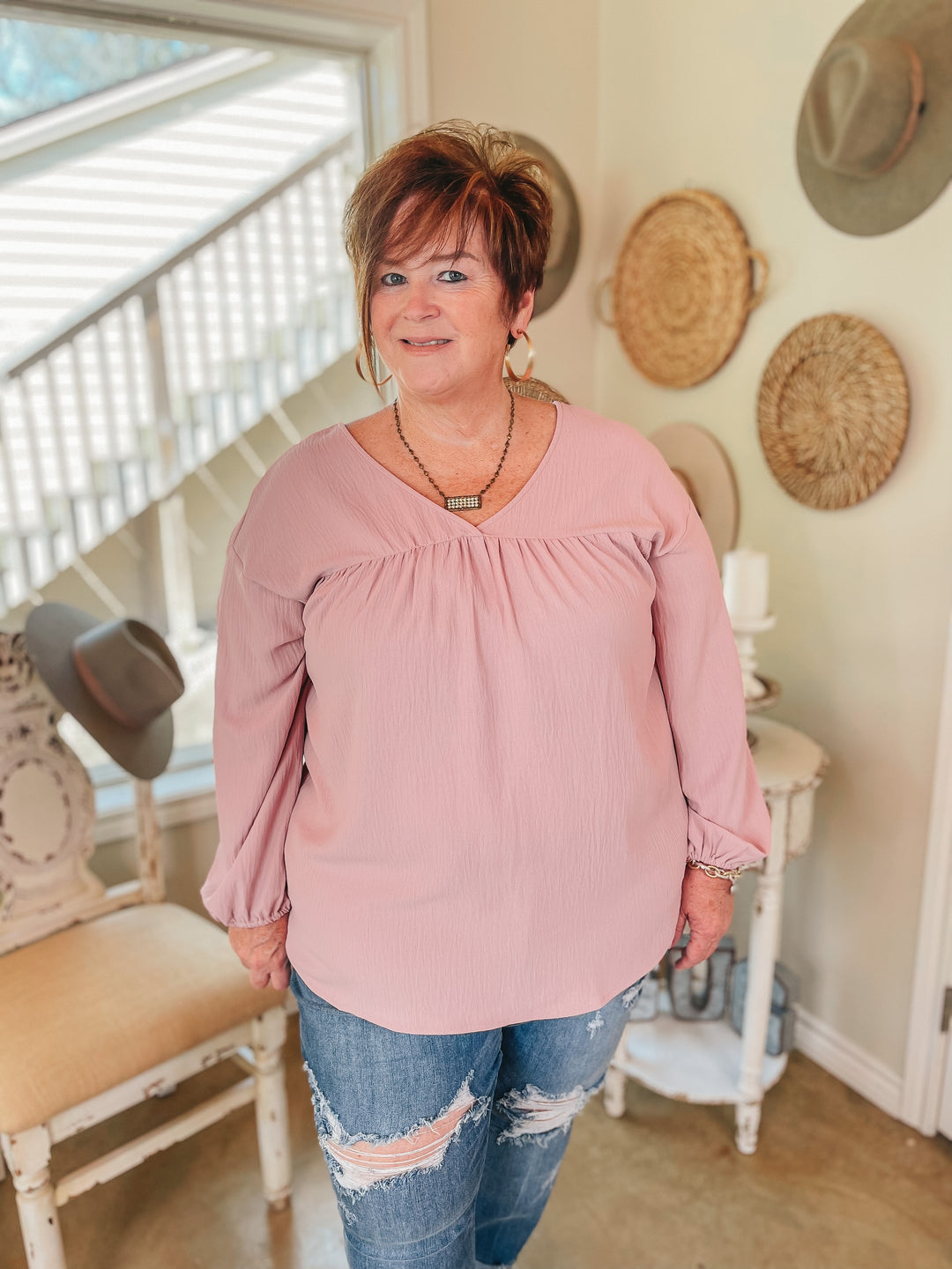 Office Feels Long Sleeve V Neck Babydoll Top in Dusty Pink - Giddy Up Glamour Boutique