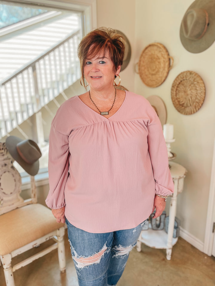 Office Feels Long Sleeve V Neck Babydoll Top in Dusty Pink - Giddy Up Glamour Boutique