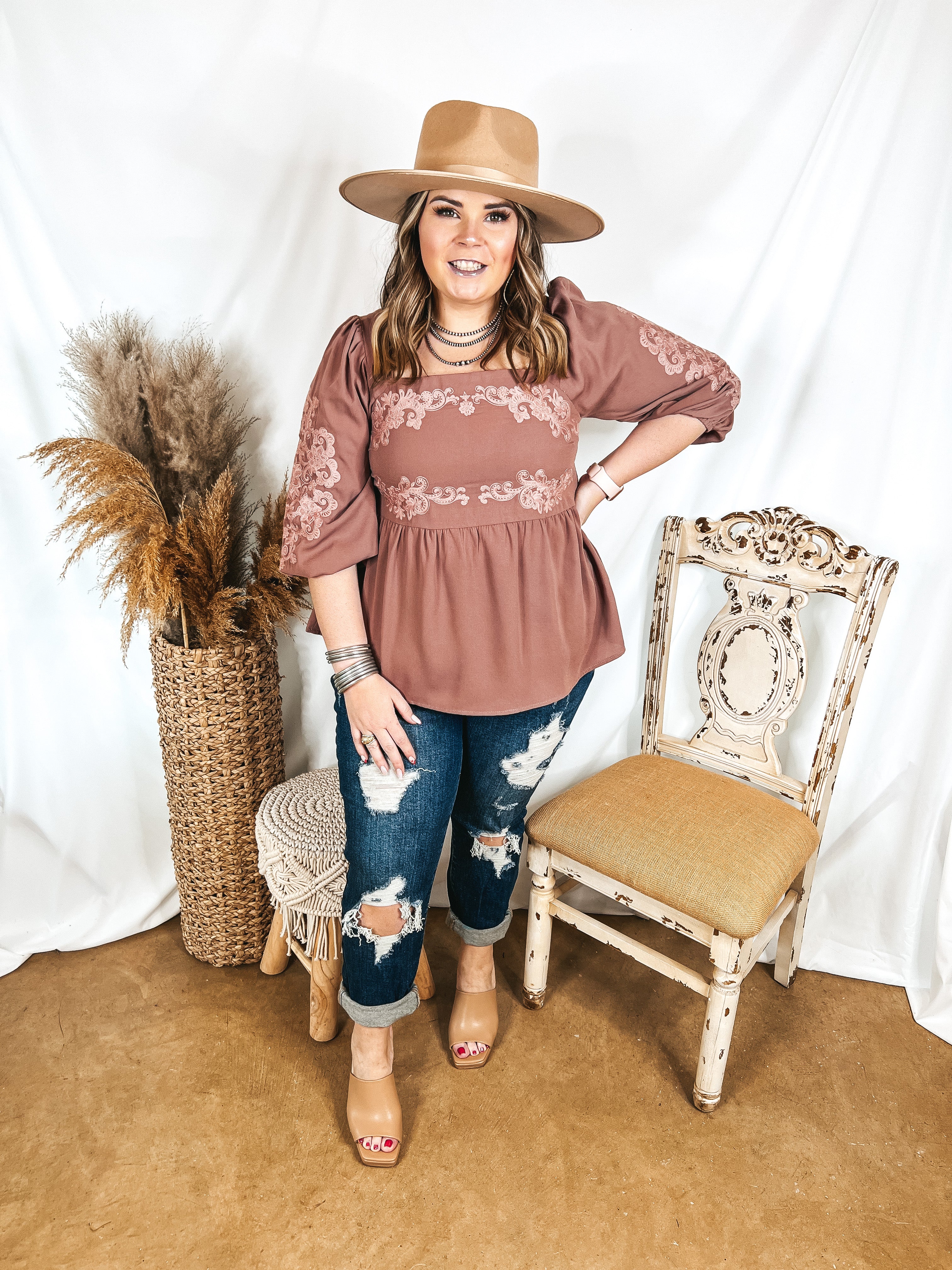 Stay True Embroidered Square Neck Blouse in Mauve - Giddy Up Glamour Boutique