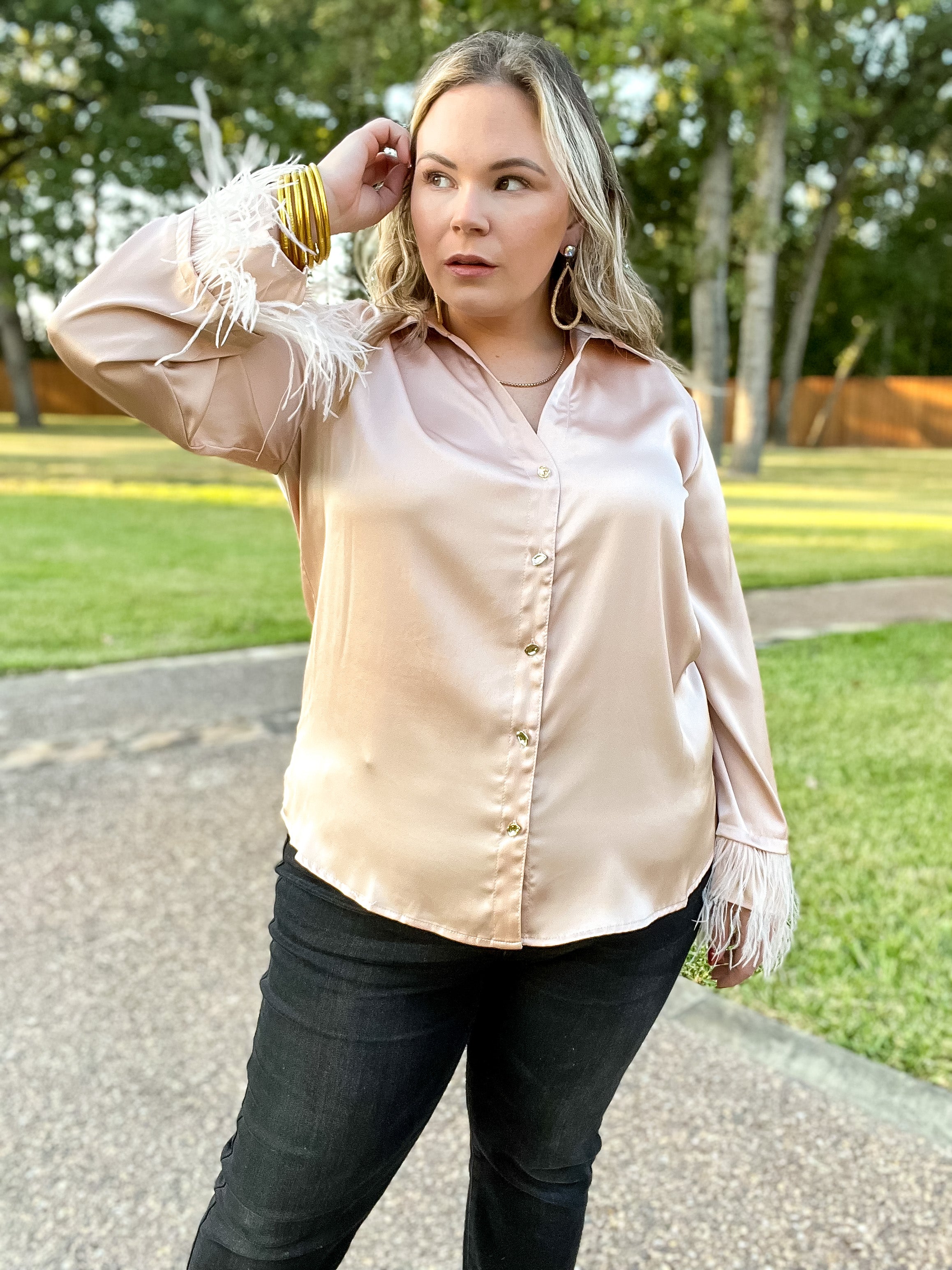Take a Chance Satin Button Up Top with Feather Trim Long Sleeves in Champagne - Giddy Up Glamour Boutique
