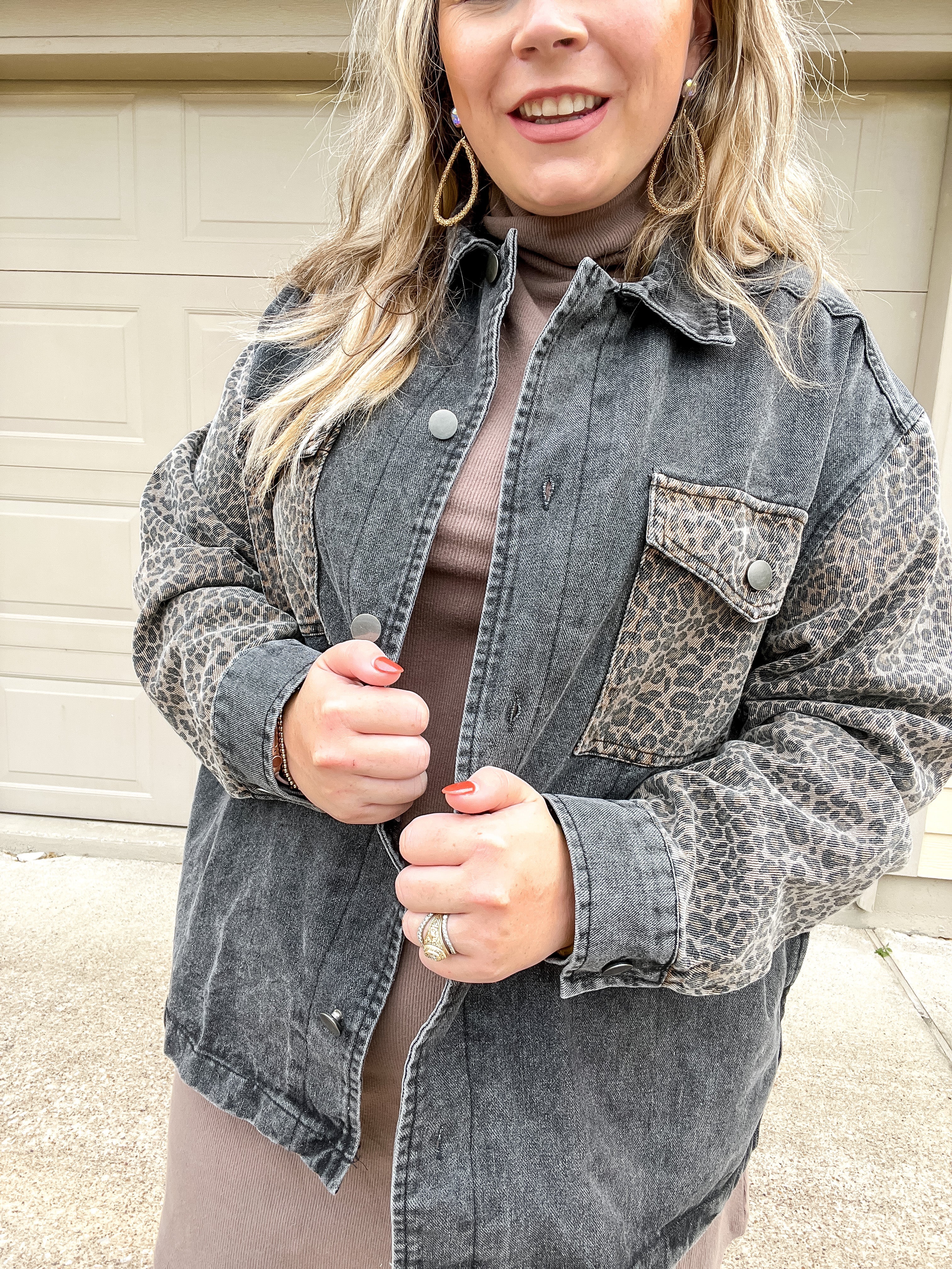 Blogger Poses Leopard Print Block Button Up Jacket in Black - Giddy Up Glamour Boutique