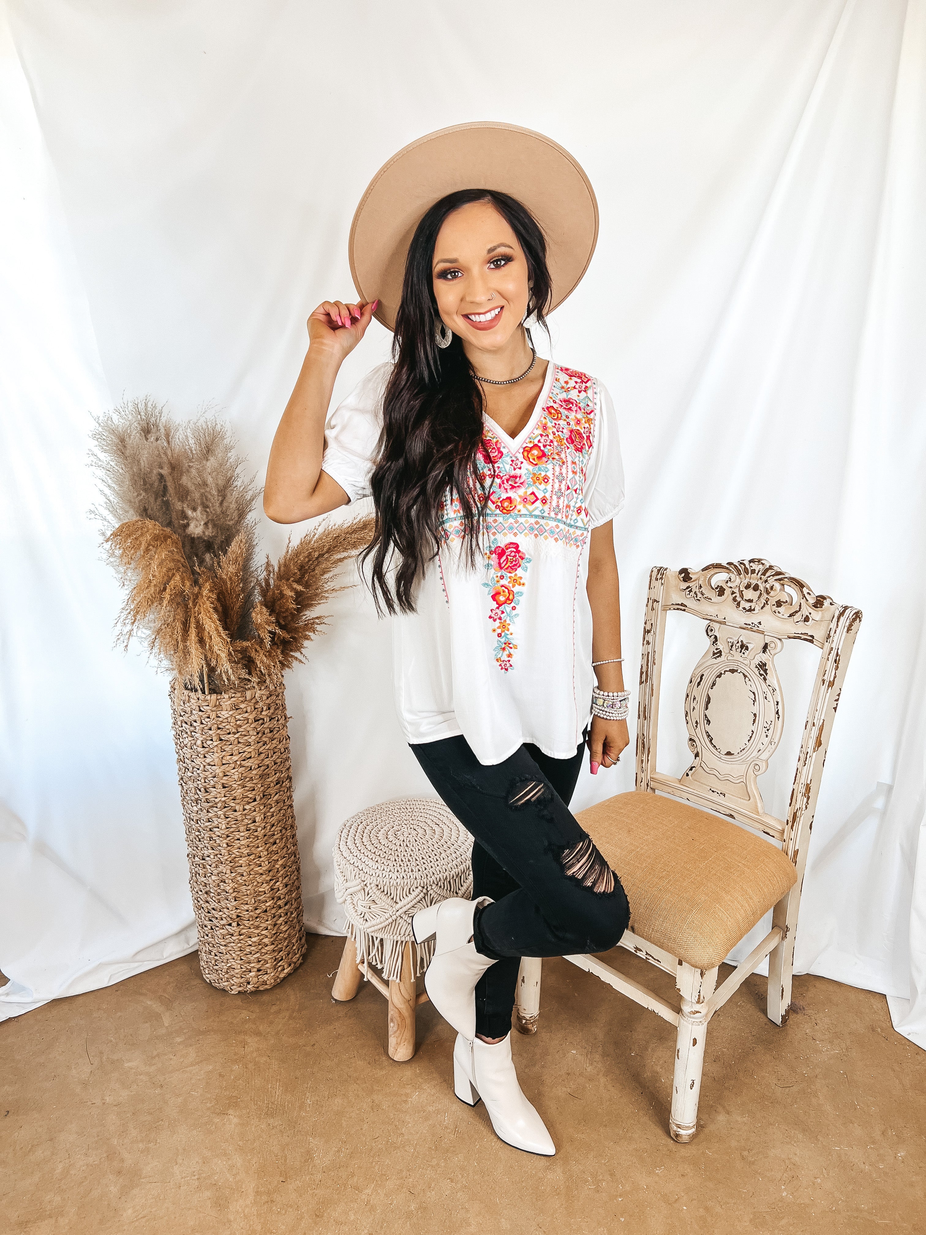 Think About Me Embroidered V Neck Top with Short Sleeves in White - Giddy Up Glamour Boutique
